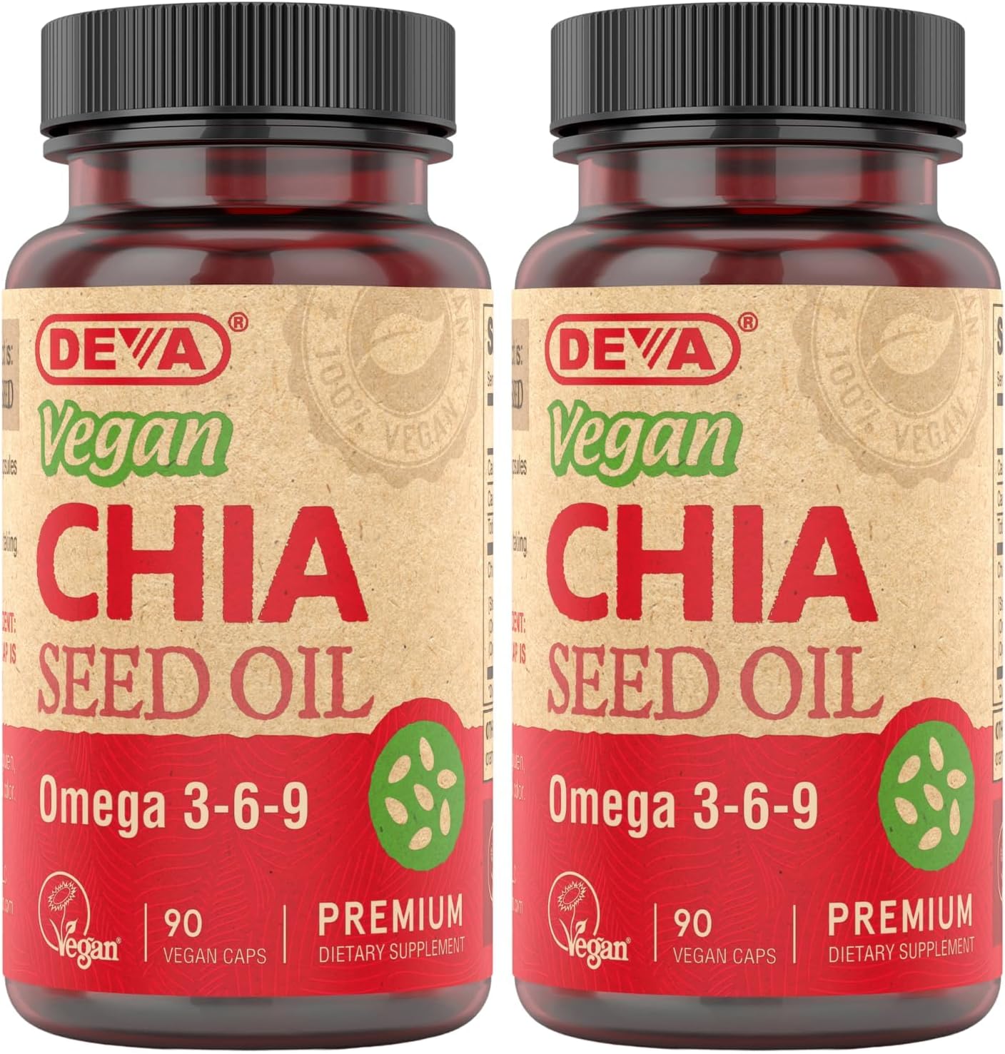 2-Pack DEVA Vegan Vitamins Chia Seed Oil Capsules - Omega 3, 6, 9 Fatty Acids - Cold-Pressed & Unrefined - 90 Count