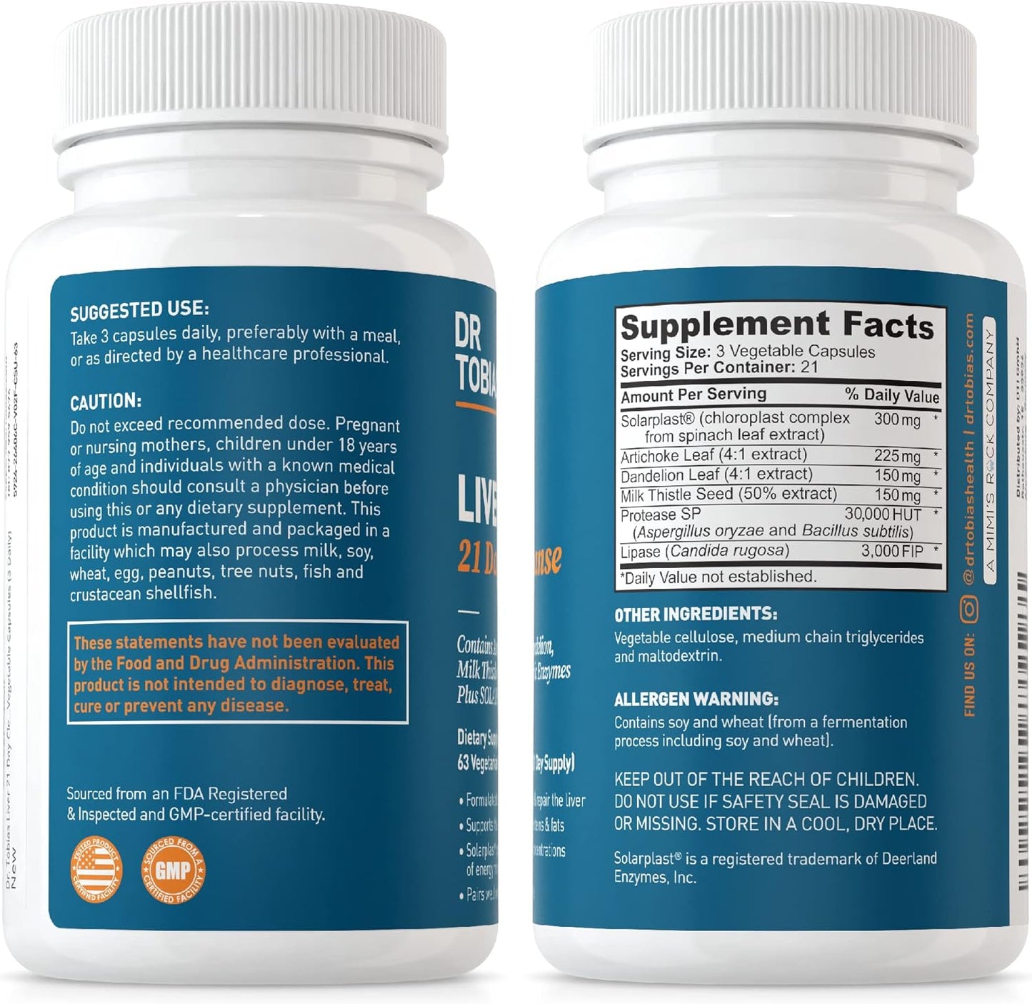 2 Pack Dr. Tobias Liver Cleanse 21 Day Detox with Solarplast, Artichoke, Milk Thistle, Dandelion, Digestive Enzymes - 63 Veg Capsules, 3 Daily