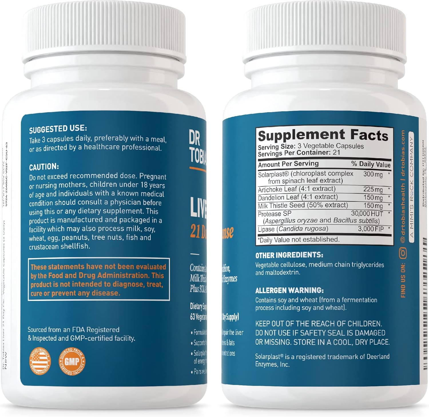 2 Pack Dr. Tobias Liver Cleanse 21 Day Detox with Solarplast, Artichoke, Milk Thistle, Dandelion, Digestive Enzymes - 63 Veg Capsules, 3 Daily
