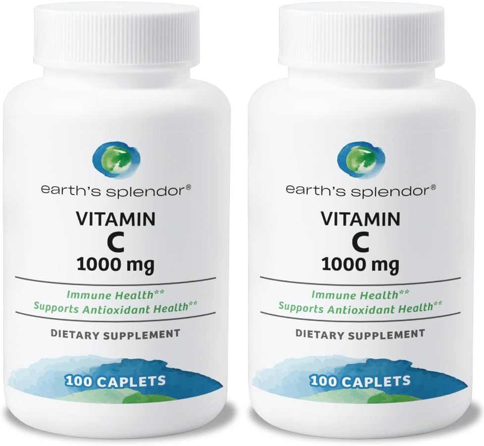 2 Pack Earth's Splendor Vitamin C 1000 mg Dietary Supplement - Immune Support & Antioxidant Health - 100 Caplets, 3+ Month Supply