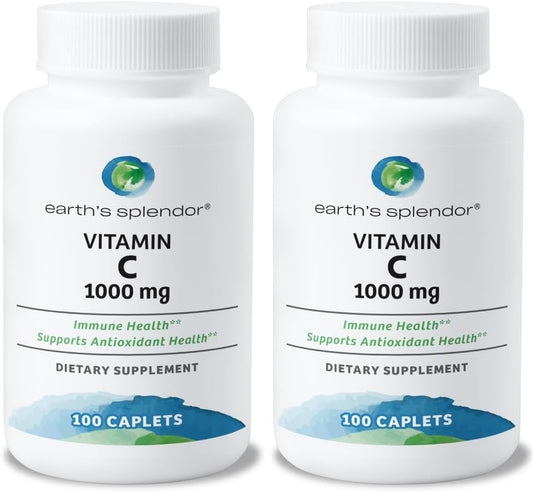 2 Pack Earth's Splendor Vitamin C 1000 mg Dietary Supplement - Immune Support & Antioxidant Health - 100 Caplets, 3+ Month Supply