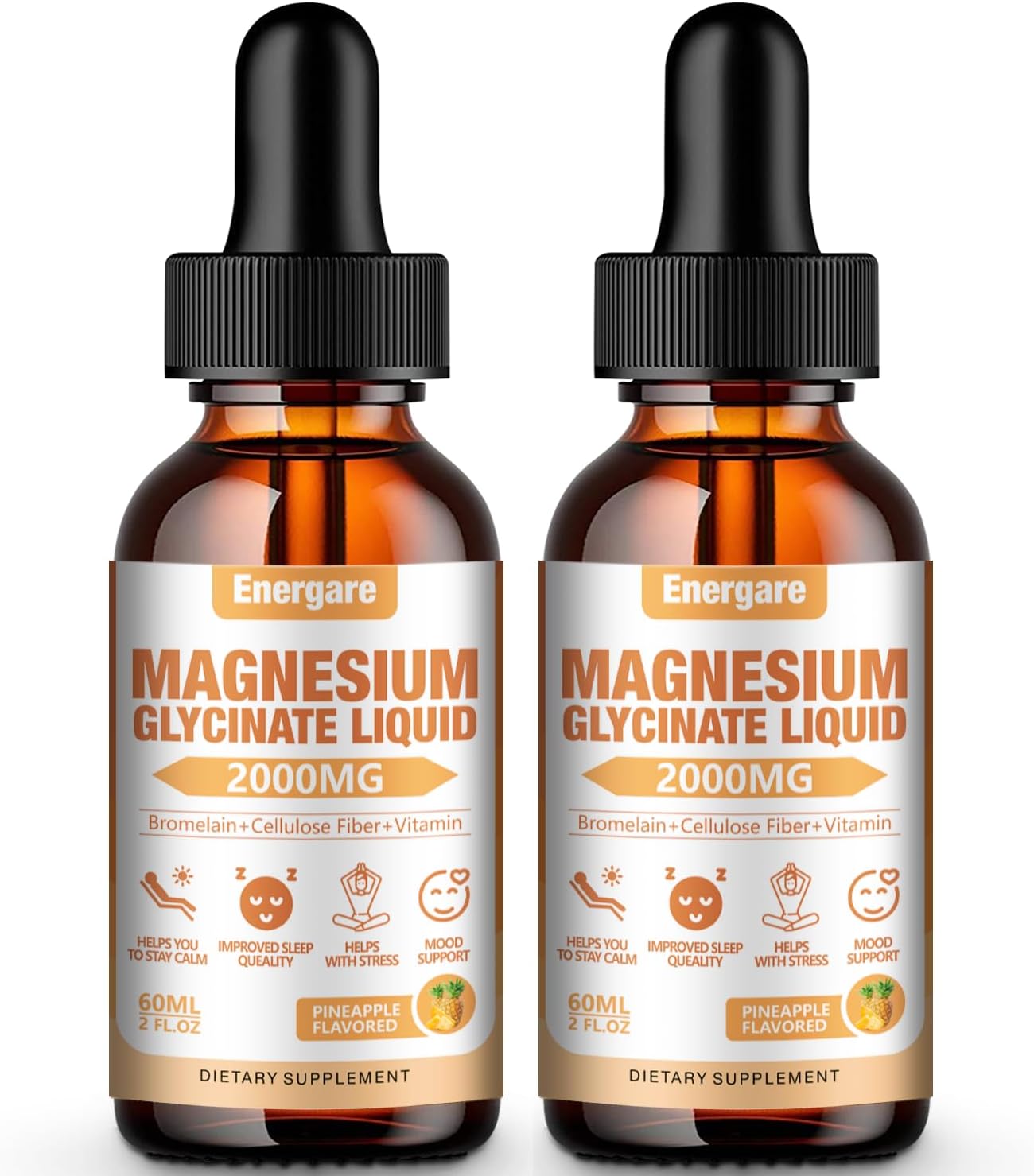 2 Pack Energare Magnesium Glycinate Liquid Drops - 2000MG Supplement for Kids & Adults - Energy, Sleep, Calm - Pineapple Flavor - 4 Fl oz