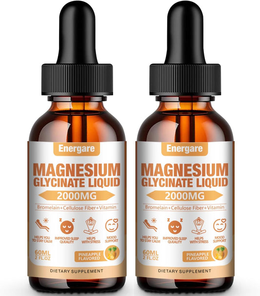 2 Pack Energare Magnesium Glycinate Liquid Drops - 2000MG Supplement for Kids & Adults - Energy, Sleep, Calm - Pineapple Flavor - 4 Fl oz