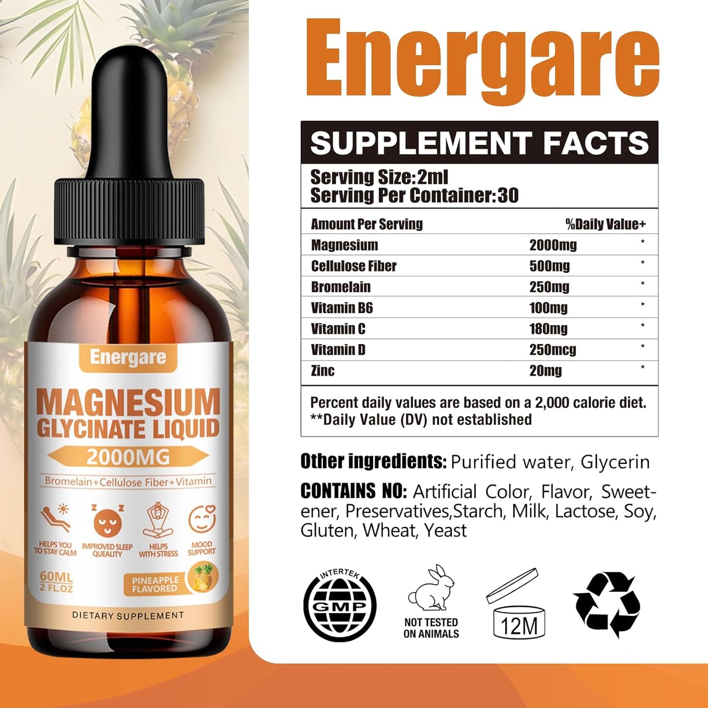 2 Pack Energare Magnesium Glycinate Liquid Drops - 2000MG Supplement for Kids & Adults - Energy, Sleep, Calm - Pineapple Flavor - 4 Fl oz