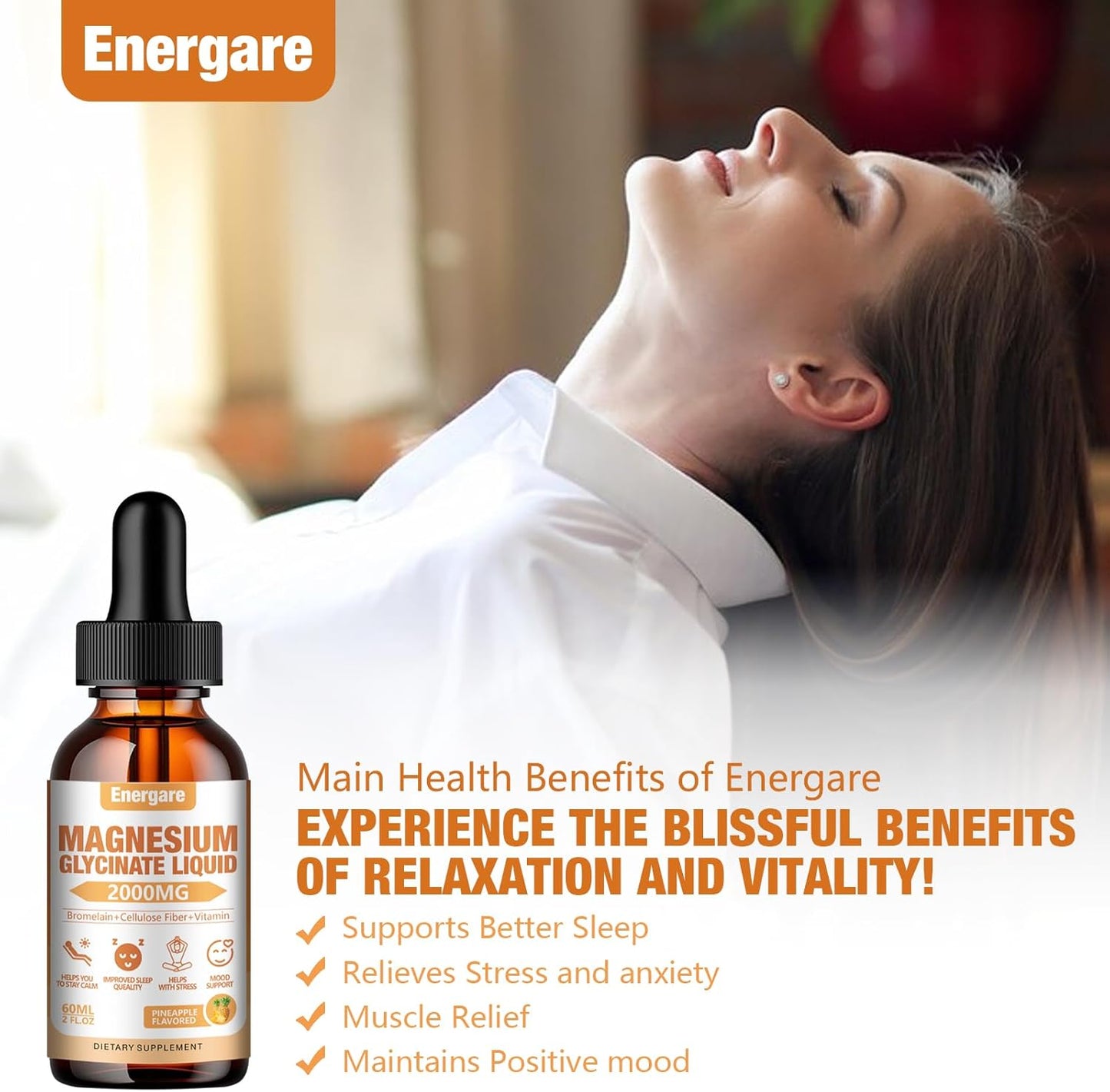 2 Pack Energare Magnesium Glycinate Liquid Drops - 2000MG Supplement for Kids & Adults - Energy, Sleep, Calm - Pineapple Flavor - 4 Fl oz