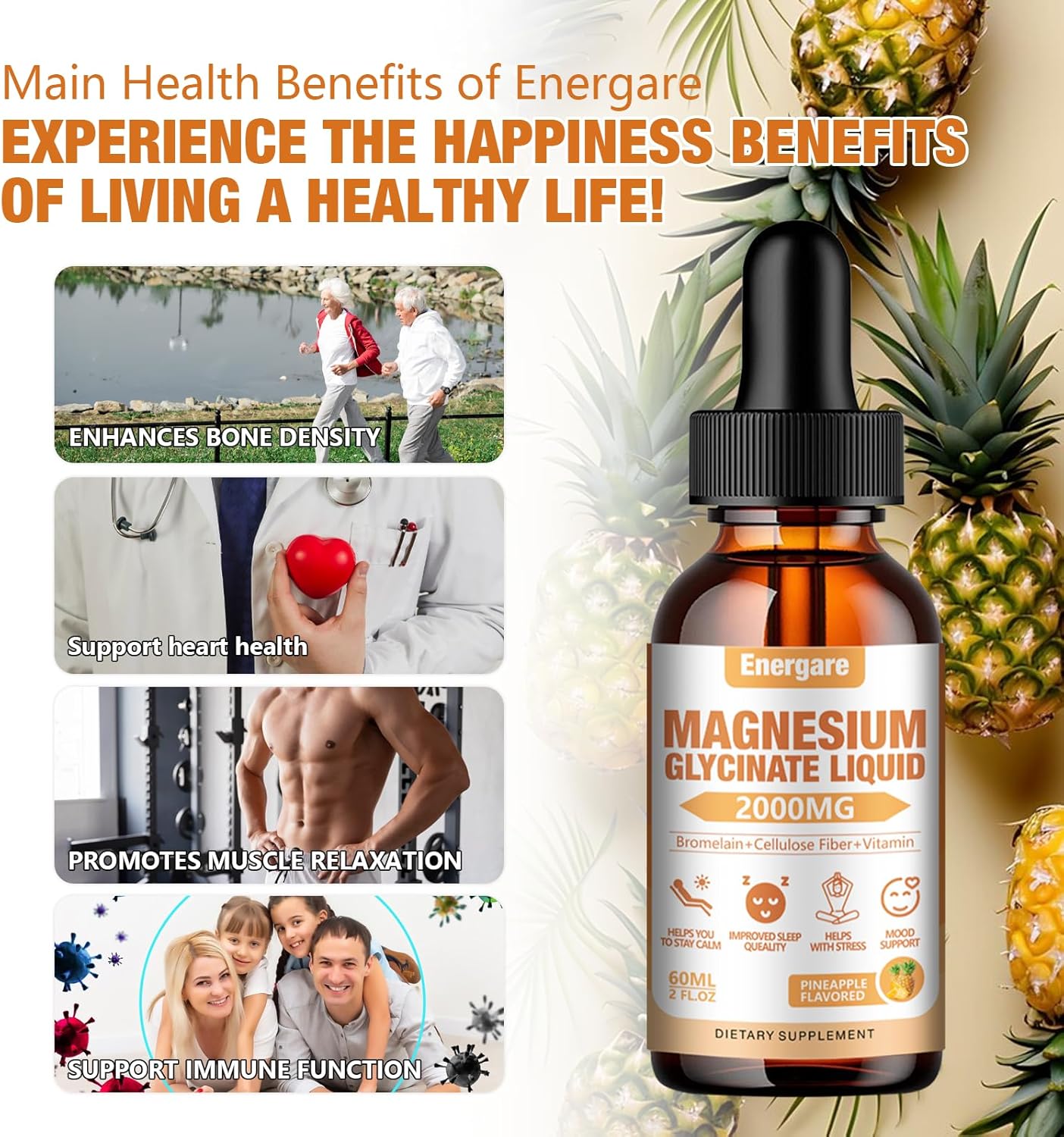 2 Pack Energare Magnesium Glycinate Liquid Drops - 2000MG Supplement for Kids & Adults - Energy, Sleep, Calm - Pineapple Flavor - 4 Fl oz