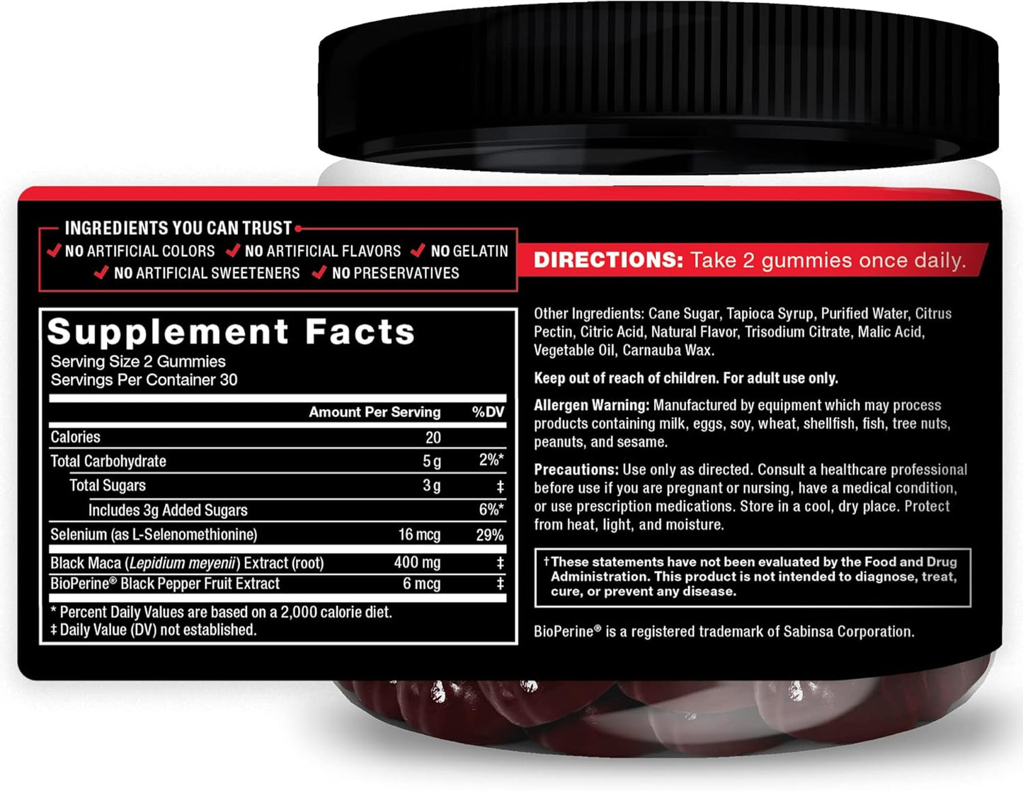 2-Pack Force Factor Black Maca Gummies with BioPerine for Male Vitality & Energy, Passion Berry Flavor - 120 Gummies