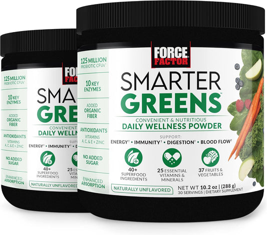 2-Pack Force Factor Smarter Greens Powder: Energy, Immunity, Digestion, Superfood with Vitamins, Minerals, Probiotics