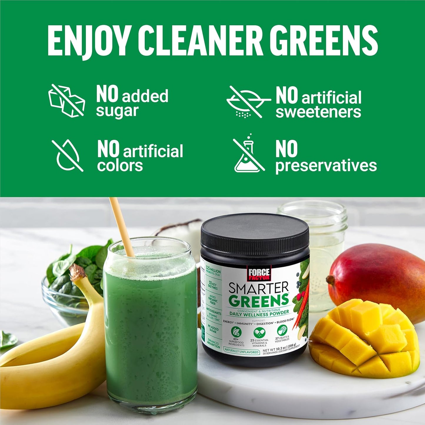 2-Pack Force Factor Smarter Greens Powder: Energy, Immunity, Digestion, Superfood with Vitamins, Minerals, Probiotics