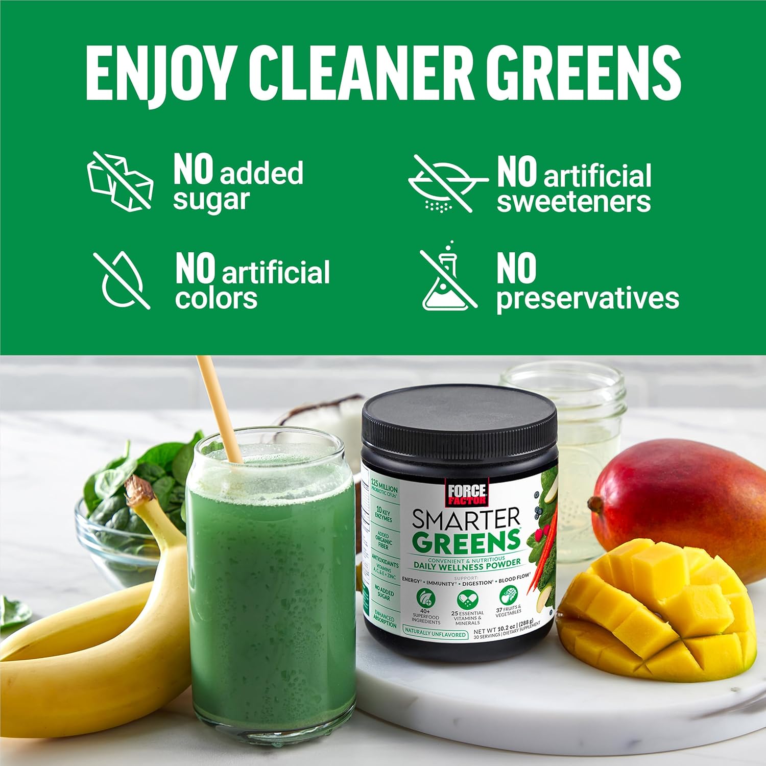 2-Pack Force Factor Smarter Greens Powder: Energy, Immunity, Digestion, Superfood with Vitamins, Minerals, Probiotics