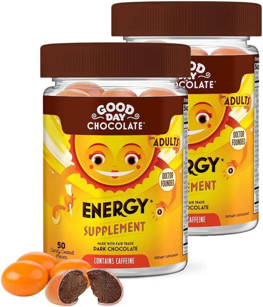 2-Pack Good Day Chocolate Energy Supplements for Adults - Fair Trade Caffeine Chocolate with B-Vitamins and Green Tea Extracts - 20mg Caffeine Per Piece - Energy Booster for Men and Women