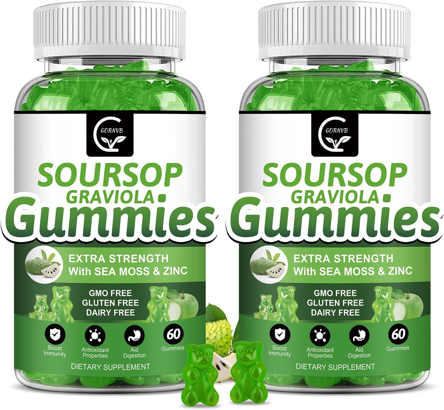 2 Pack GORNVB Soursop Graviola Gummies - 2200mg Extra Strength Extract with Sea Moss, Zinc, Vitamin C - Immunity, Liver, Digestive Support - Gluten Free, Vegan - 120 Gummies