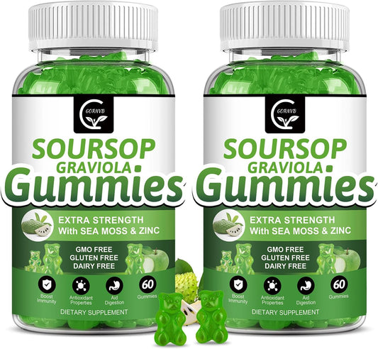 2 Pack GORNVB Soursop Graviola Gummies - 2200mg Extra Strength Extract with Sea Moss, Zinc, Vitamin C - Immunity, Liver, Digestive Support - Gluten Free, Vegan - 120 Gummies