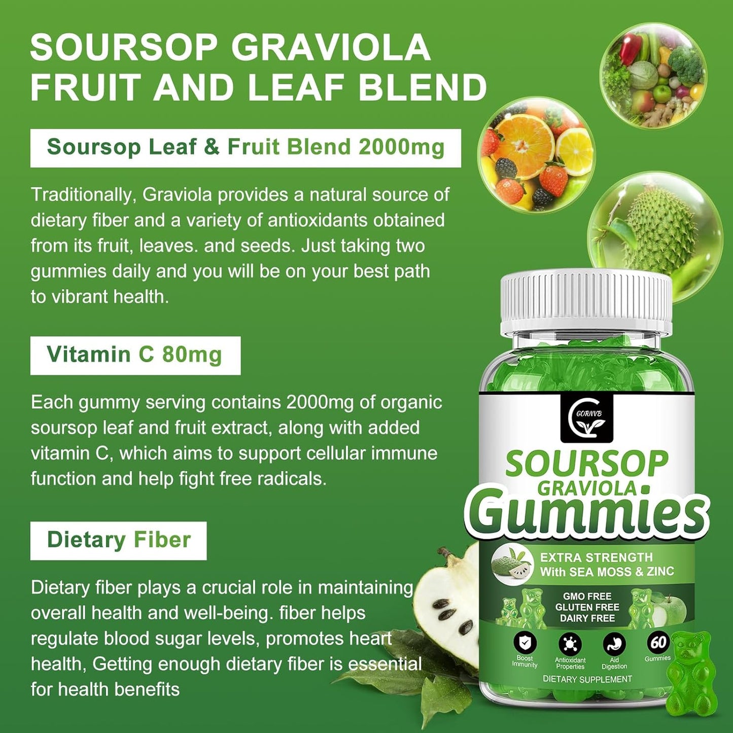 2 Pack GORNVB Soursop Graviola Gummies - 2200mg Extra Strength Extract with Sea Moss, Zinc, Vitamin C - Immunity, Liver, Digestive Support - Gluten Free, Vegan - 120 Gummies