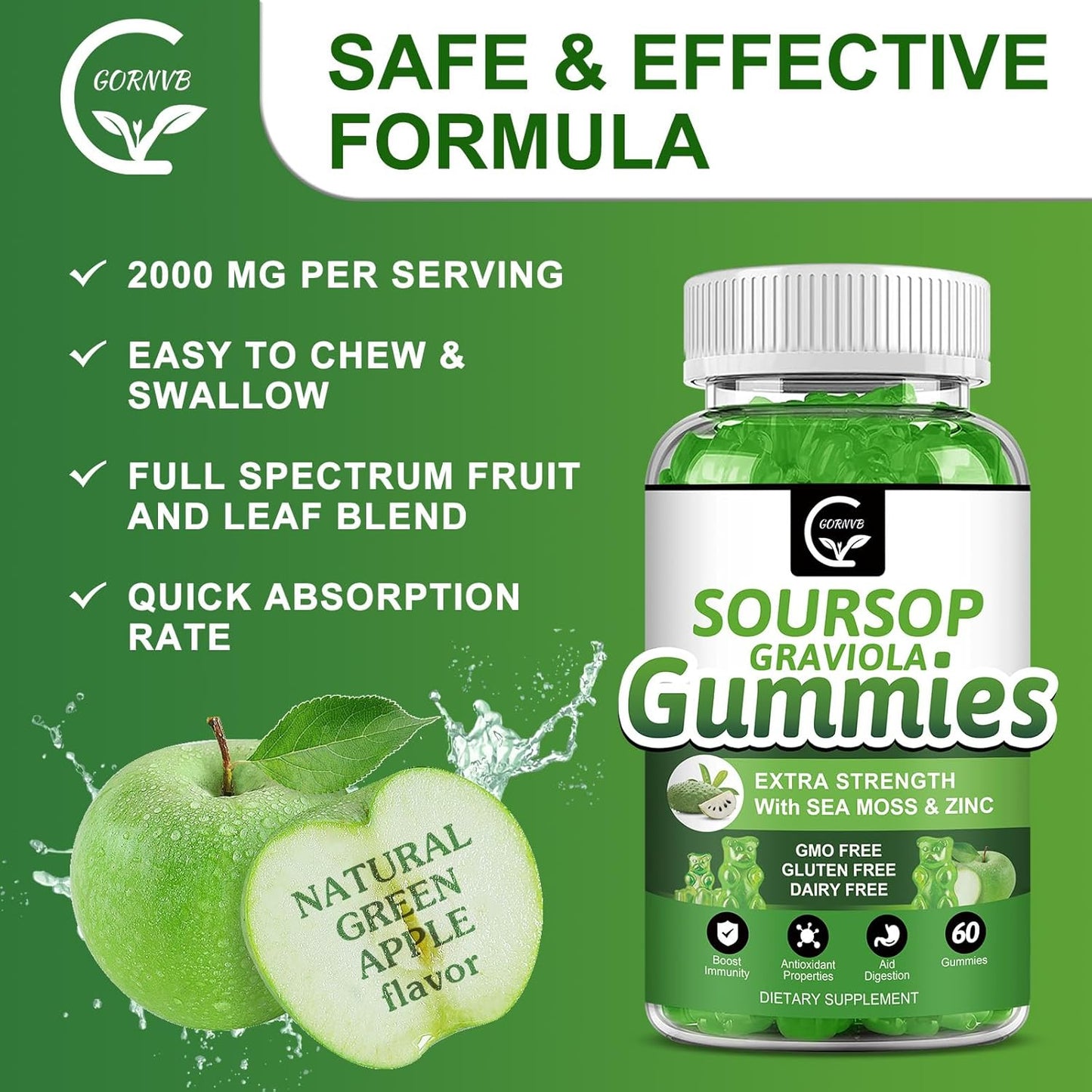 2 Pack GORNVB Soursop Graviola Gummies - 2200mg Extra Strength Extract with Sea Moss, Zinc, Vitamin C - Immunity, Liver, Digestive Support - Gluten Free, Vegan - 120 Gummies