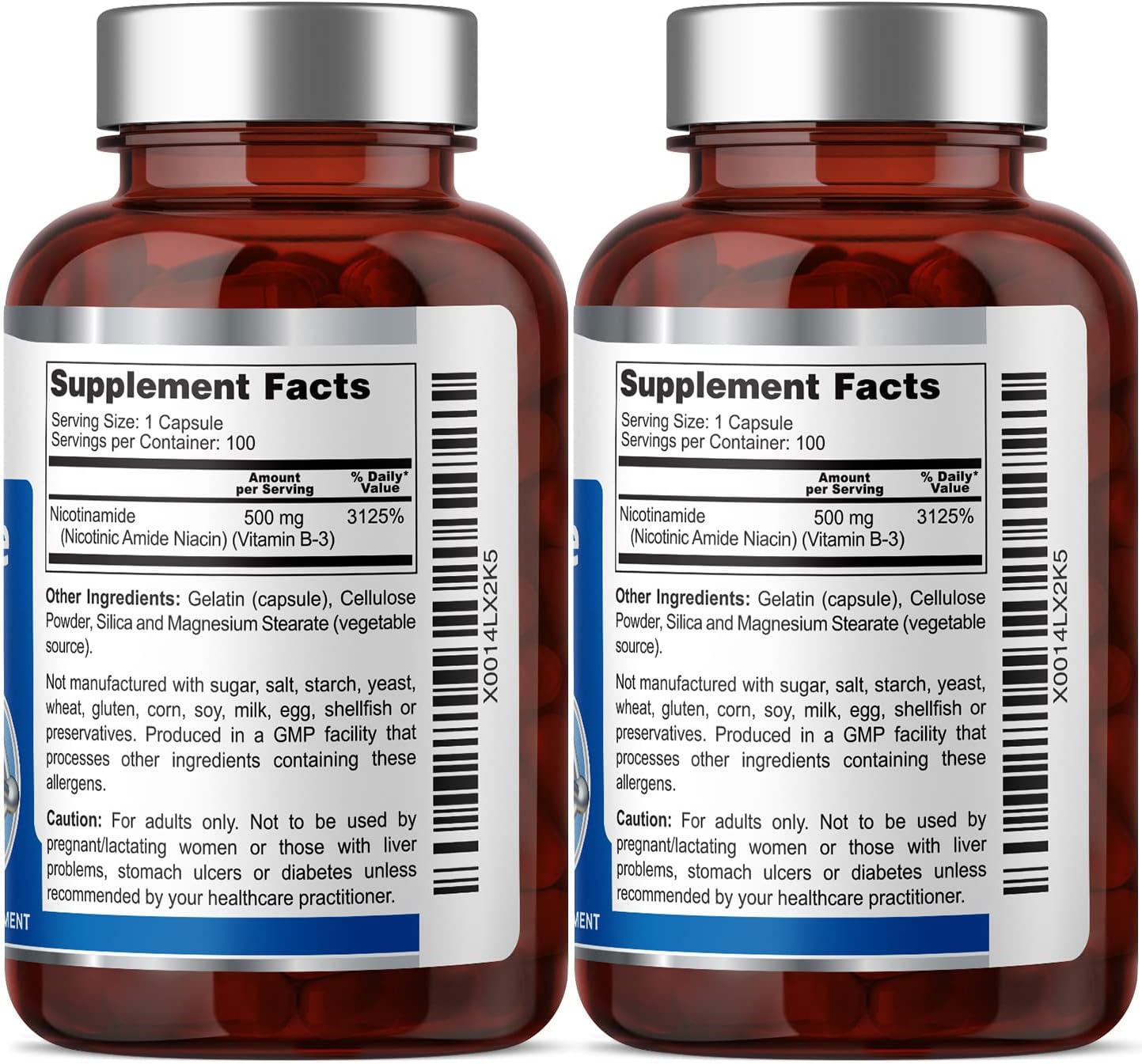 2 Pack Health Genesis B-3 Nicotinamide 500mg Capsules - Natural Flush-Free Niacin Vitamin for Skin Cell Health