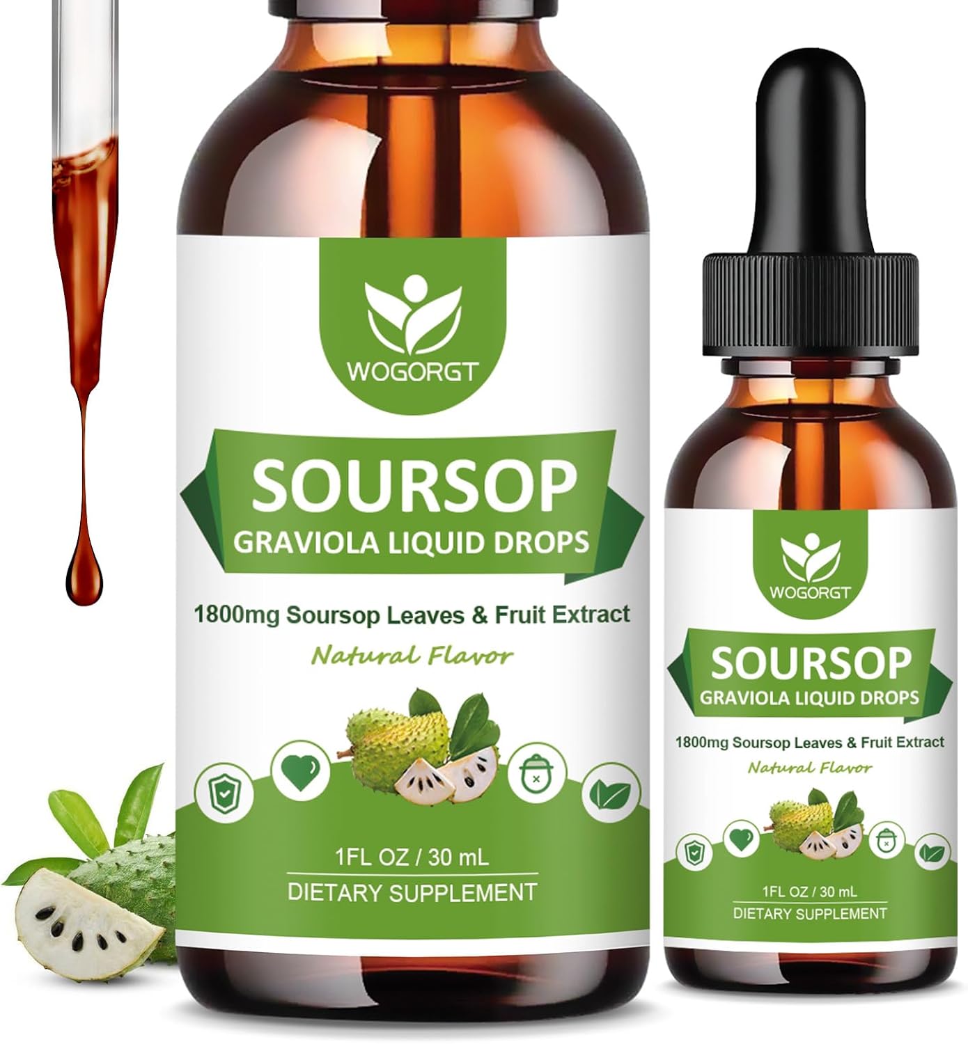 2 Pack High Absorption Soursop Graviola Liquid Drops - 1800mg Extract for Cell Regeneration, Immune Support, Antioxidant - Sugar Free - 1 Fl Oz