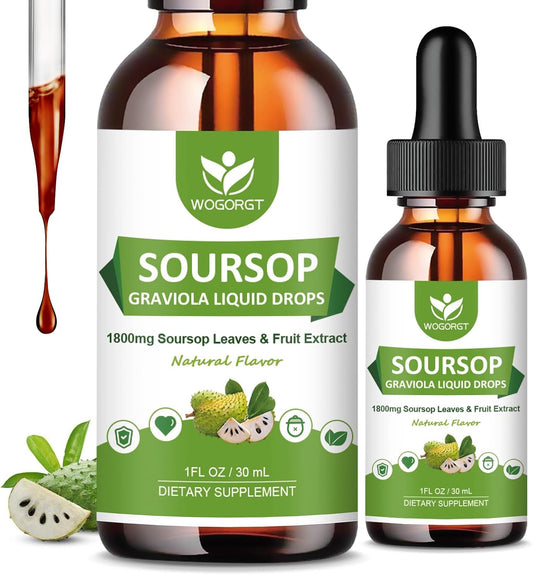 2 Pack High Absorption Soursop Graviola Liquid Drops - 1800mg Extract for Cell Regeneration, Immune Support, Antioxidant - Sugar Free - 1 Fl Oz
