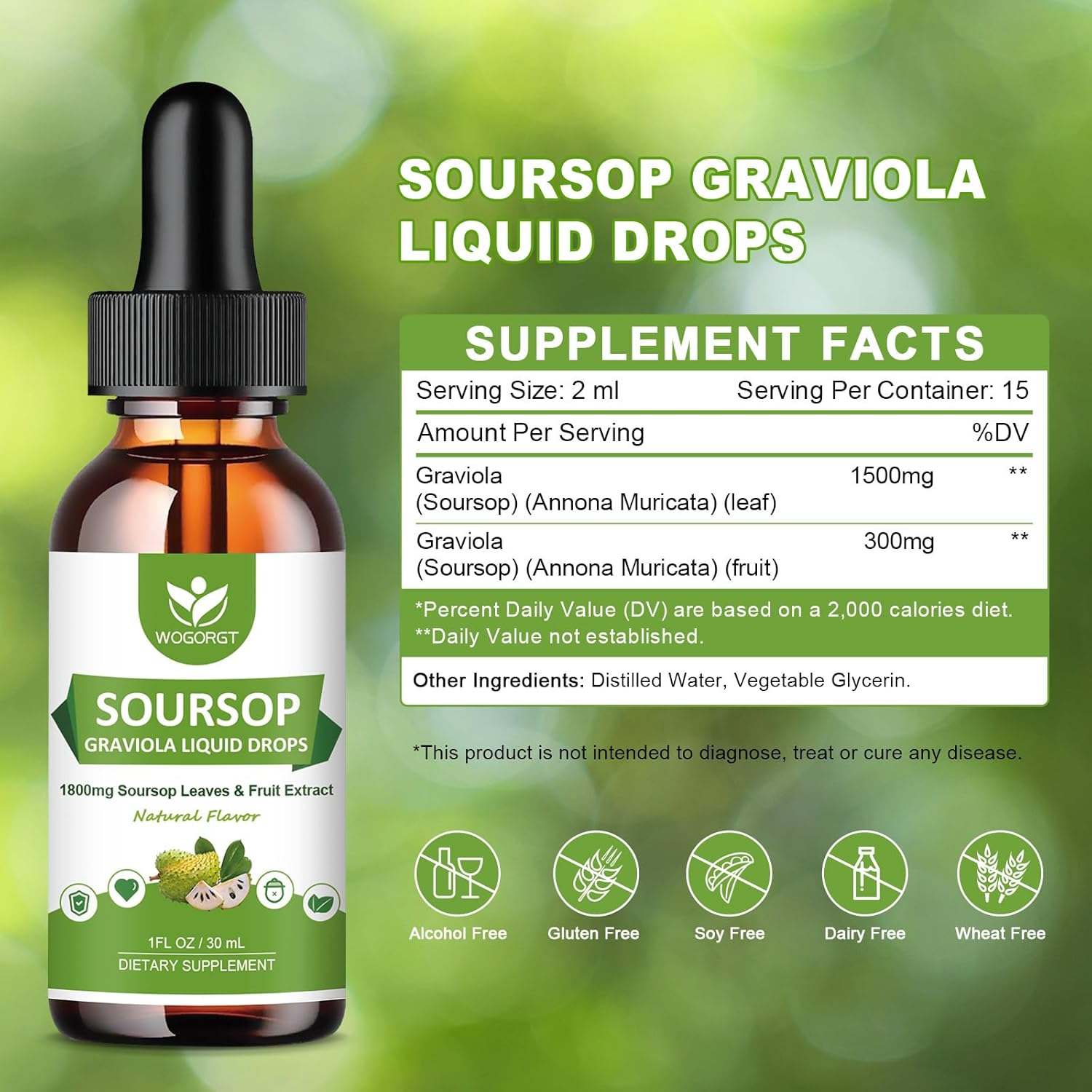 2 Pack High Absorption Soursop Graviola Liquid Drops - 1800mg Extract for Cell Regeneration, Immune Support, Antioxidant - Sugar Free - 1 Fl Oz