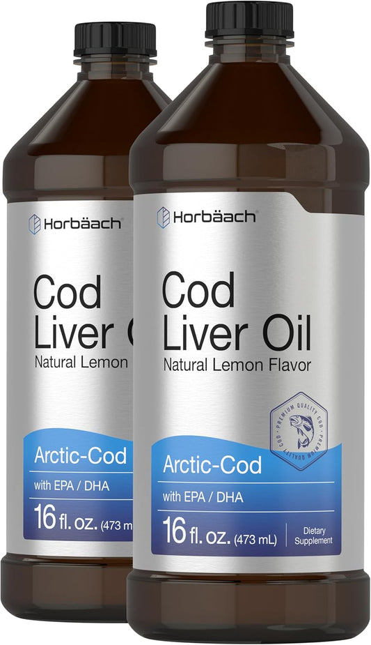 2-Pack Horbäach Arctic Cod Liver Oil with EPA/DHA - 32 fl oz Total - Lemon Flavor Liquid Supplement - Non-GMO & Gluten Free