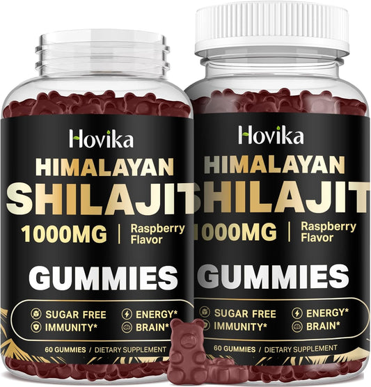 2 Pack Hovika Shilajit Gummies 1000mg with 85+ Trace Minerals, Ashwagandha, Turmeric - Energy & Immune Support for Men & Women - Sugar-Free Raspberry Flavor