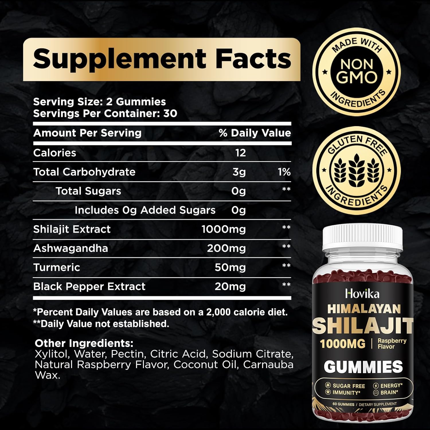 2 Pack Hovika Shilajit Gummies 1000mg with 85+ Trace Minerals, Ashwagandha, Turmeric - Energy & Immune Support for Men & Women - Sugar-Free Raspberry Flavor