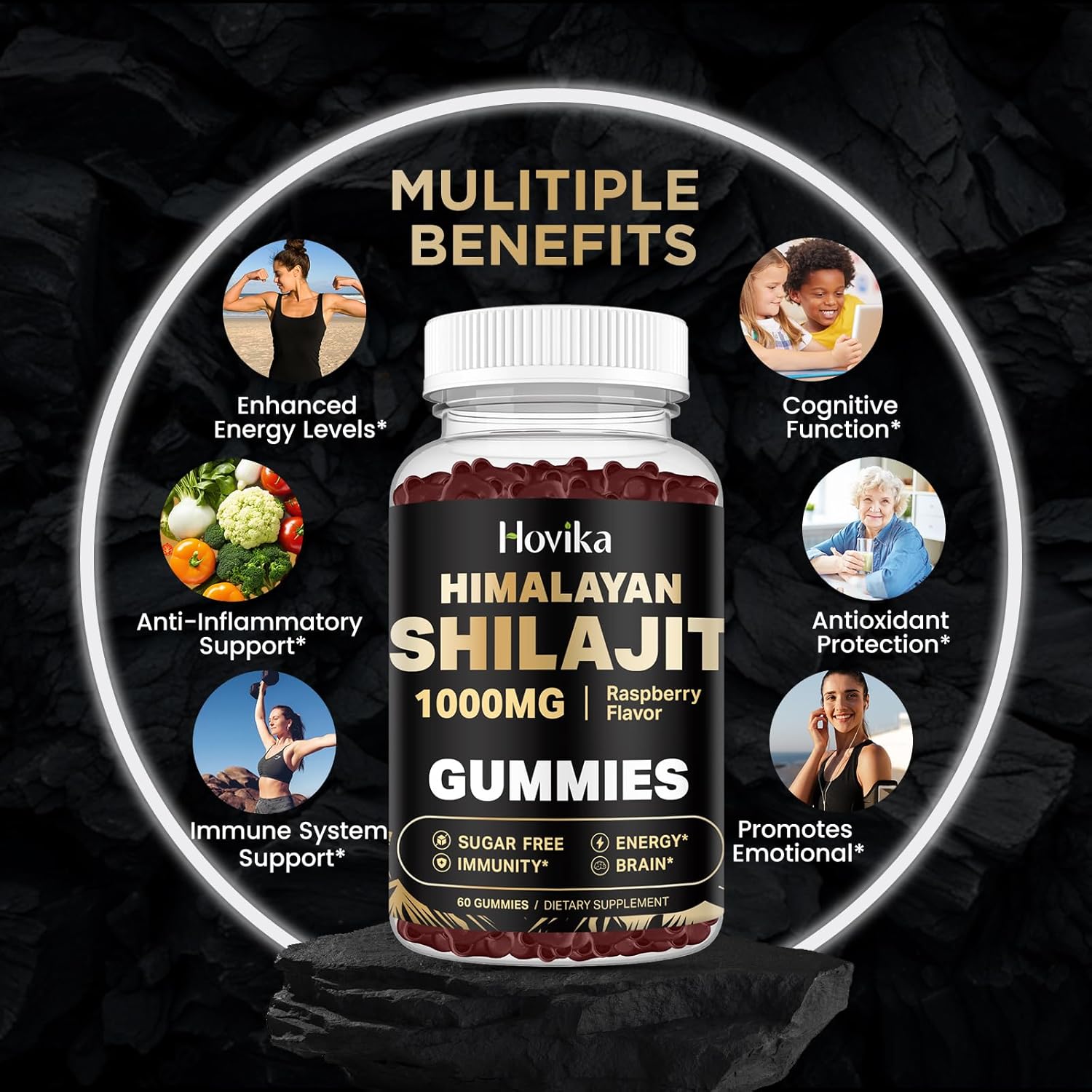 2 Pack Hovika Shilajit Gummies 1000mg with 85+ Trace Minerals, Ashwagandha, Turmeric - Energy & Immune Support for Men & Women - Sugar-Free Raspberry Flavor