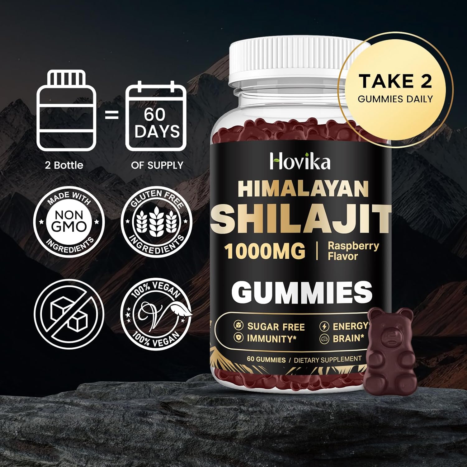 2 Pack Hovika Shilajit Gummies 1000mg with 85+ Trace Minerals, Ashwagandha, Turmeric - Energy & Immune Support for Men & Women - Sugar-Free Raspberry Flavor