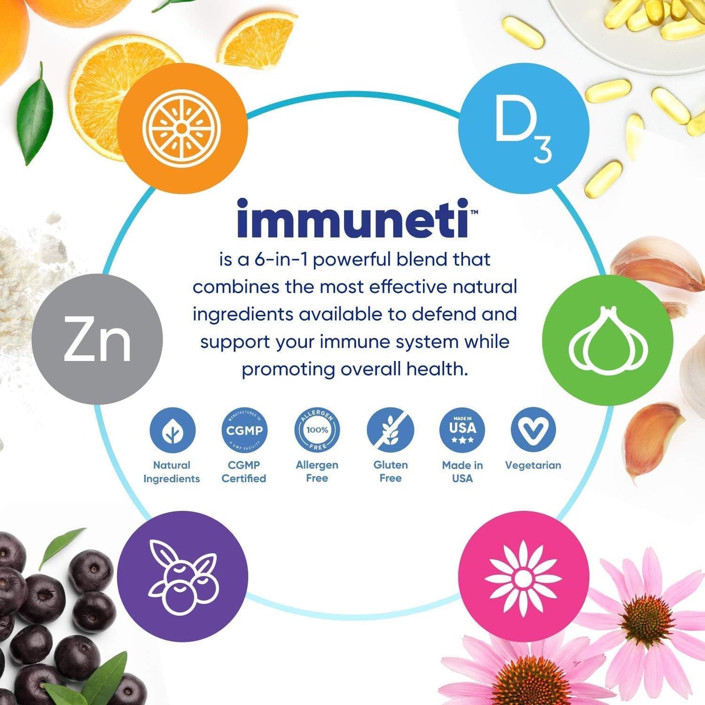 2 Pack Immuneti Advanced Immune Defense with 6-in-1 Powerful Blend for Overall Health - Vitamin C, D3, Zinc, Elderberries, Garlic, Echinacea