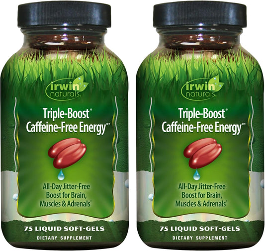 2 Pack Irwin Naturals Triple-Boost Caffeine-Free Energy Liquid Softgels - Jitter-Free Focus & Brain Boosting Nootropic - 150 Softgels