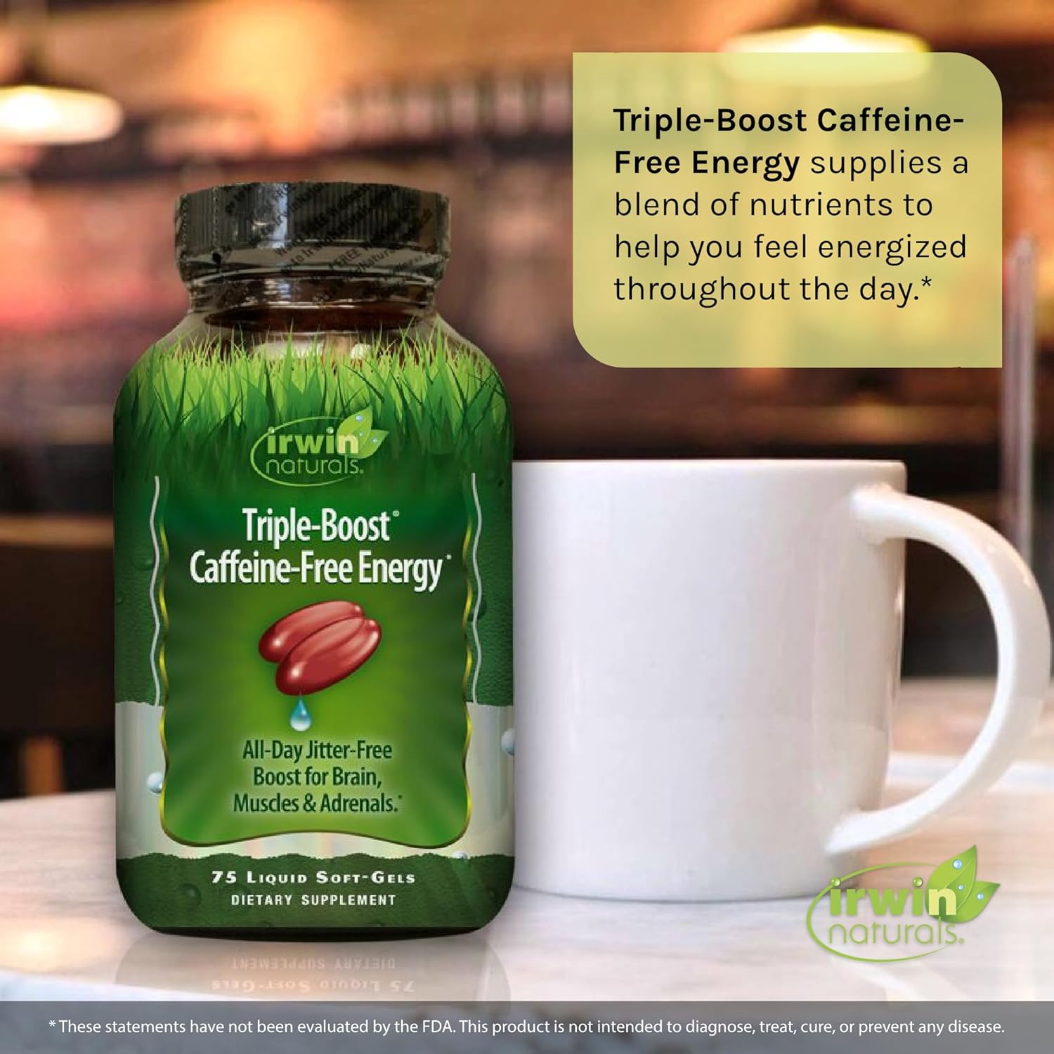 2 Pack Irwin Naturals Triple-Boost Caffeine-Free Energy Liquid Softgels - Jitter-Free Focus & Brain Boosting Nootropic - 150 Softgels