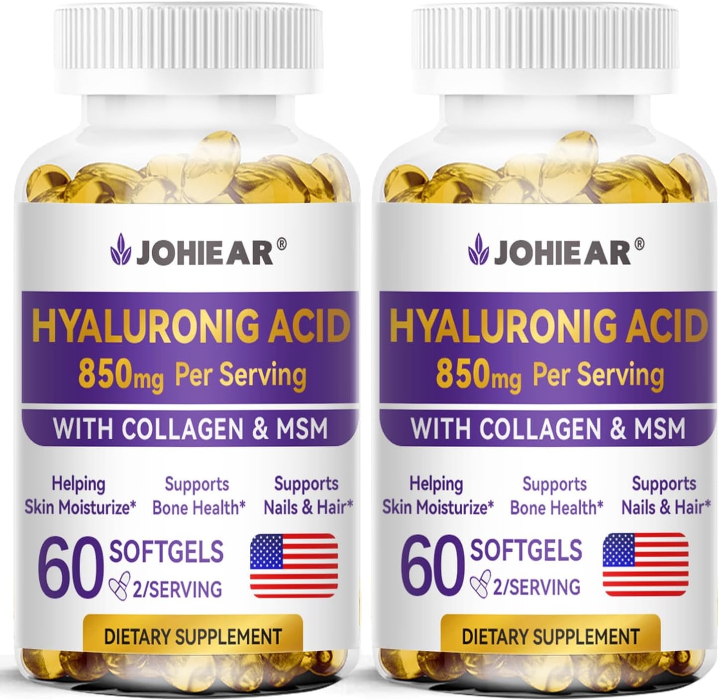 2 Pack Johiear Hyaluronic Acid Supplements - 850mg High Bioavailability Capsules for Skin, Joints, Eyes, Hair & Nails - Double Strength Hydration & Support