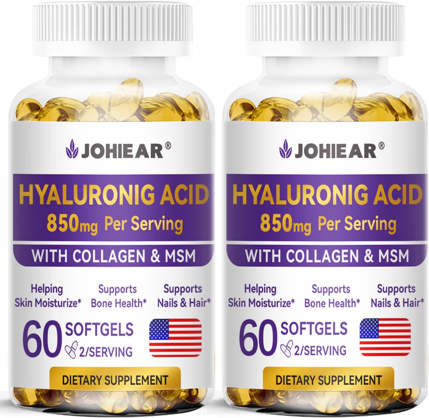 2 Pack Johiear Hyaluronic Acid Supplements - 850mg High Bioavailability Capsules for Skin, Joints, Eyes, Hair & Nails - Double Strength Hydration & Support