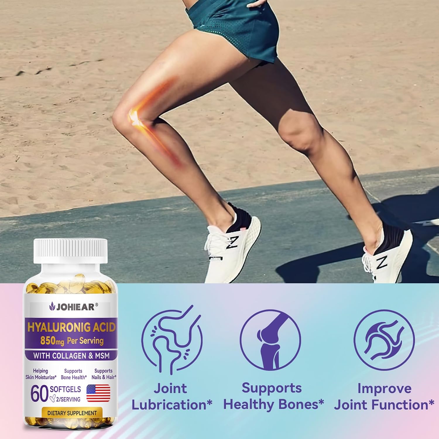 2 Pack Johiear Hyaluronic Acid Supplements - 850mg High Bioavailability Capsules for Skin, Joints, Eyes, Hair & Nails - Double Strength Hydration & Support