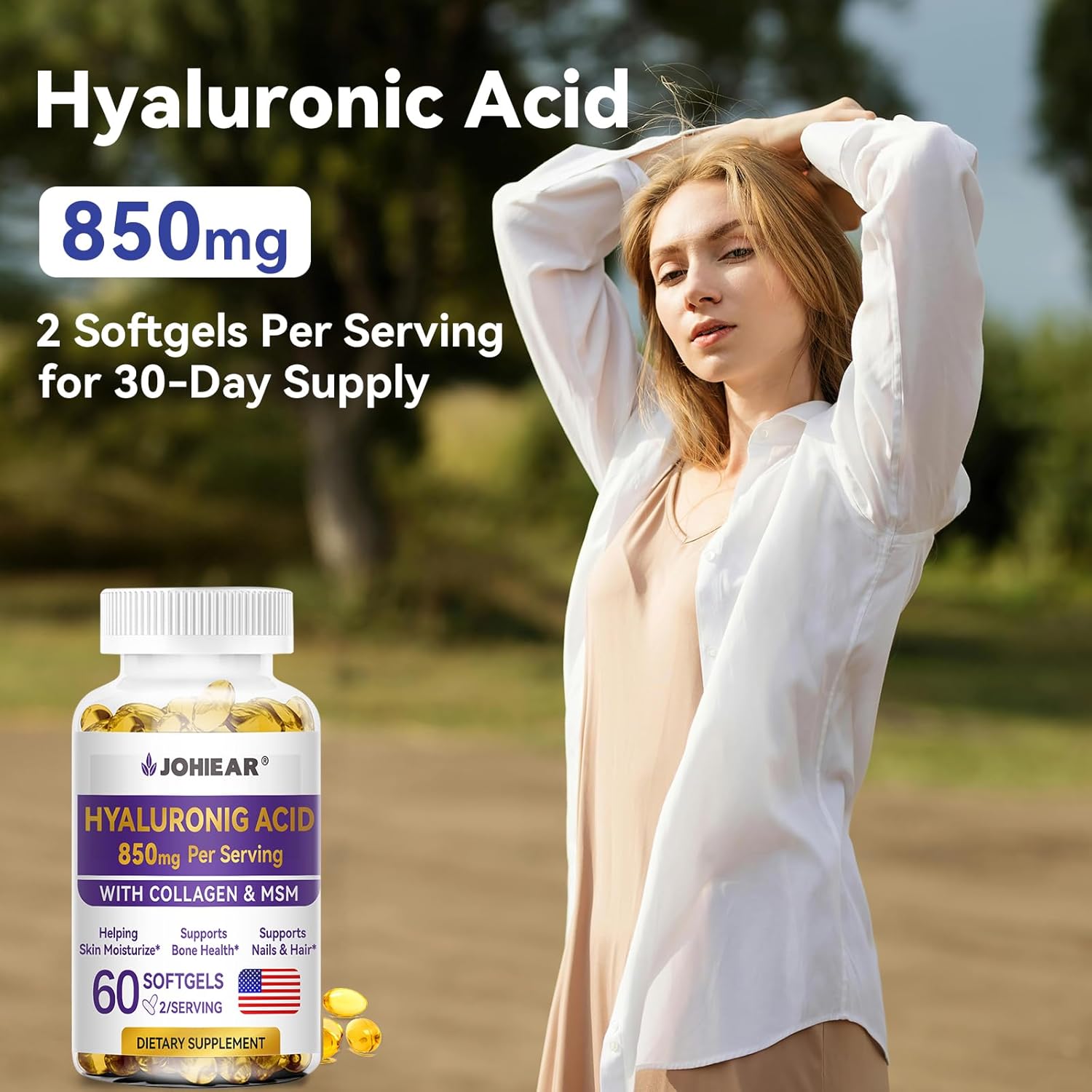 2 Pack Johiear Hyaluronic Acid Supplements - 850mg High Bioavailability Capsules for Skin, Joints, Eyes, Hair & Nails - Double Strength Hydration & Support
