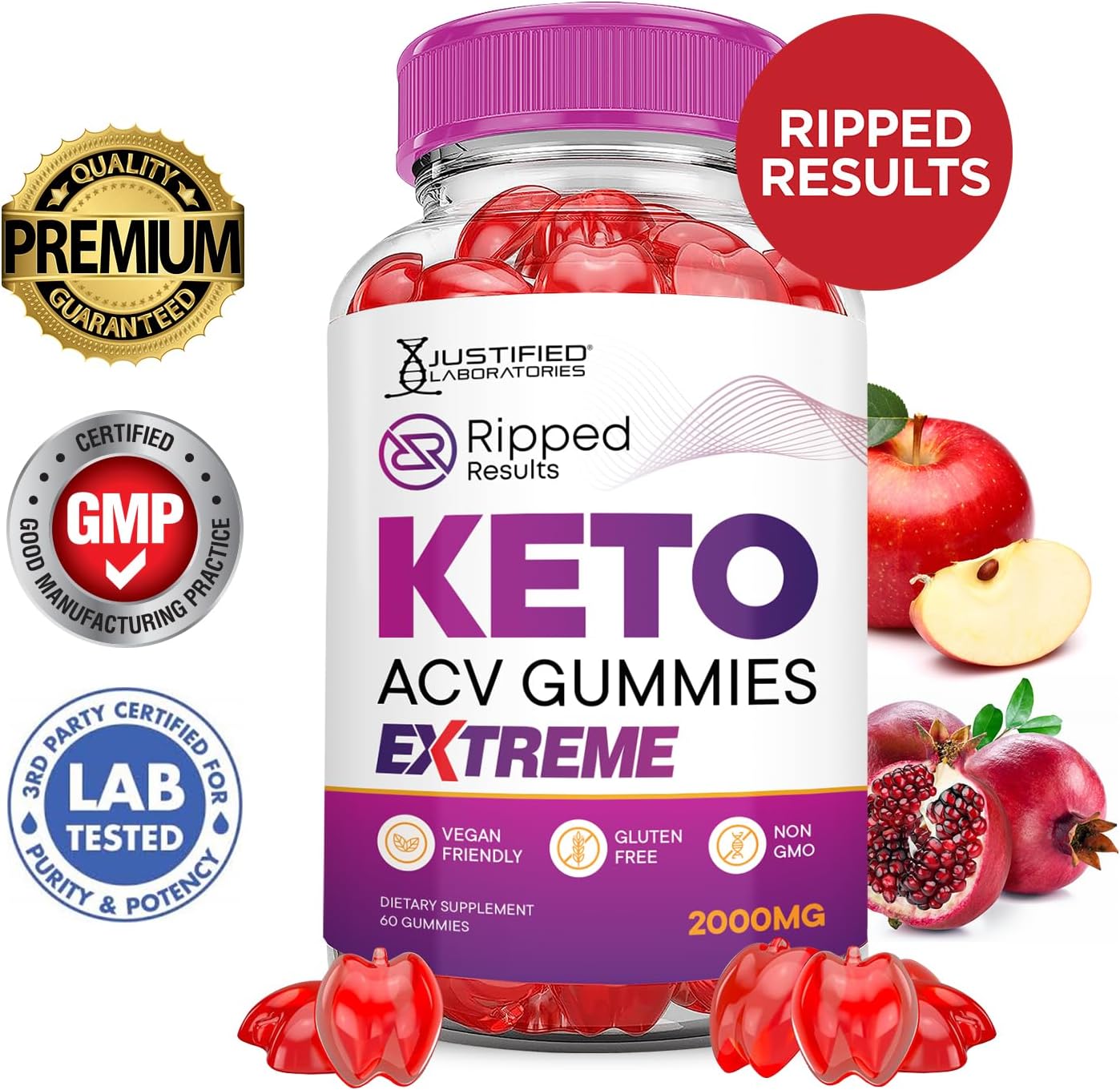 2 Pack Justified Laboratories Ripped Results Keto ACV Gummies - Extreme 2000MG Apple Cider Vinegar with Pomegranate Beet Juice Powder - B12 Vegan Non GMO - 120 Gummies