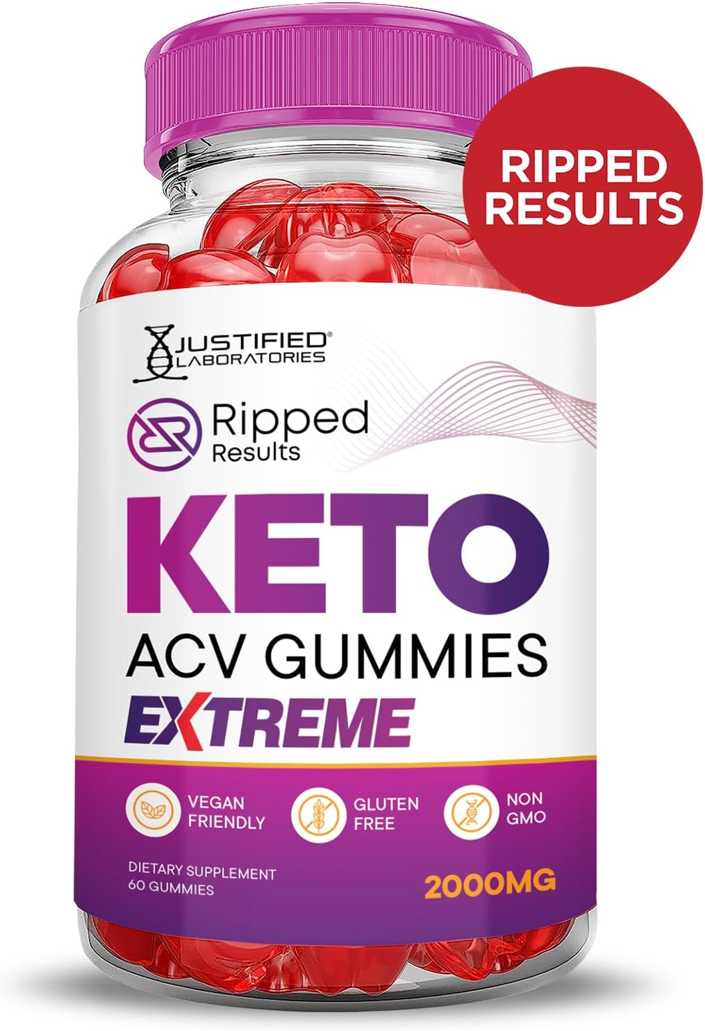 2 Pack Justified Laboratories Ripped Results Keto ACV Gummies - Extreme 2000MG Apple Cider Vinegar with Pomegranate Beet Juice Powder - B12 Vegan Non GMO - 120 Gummies