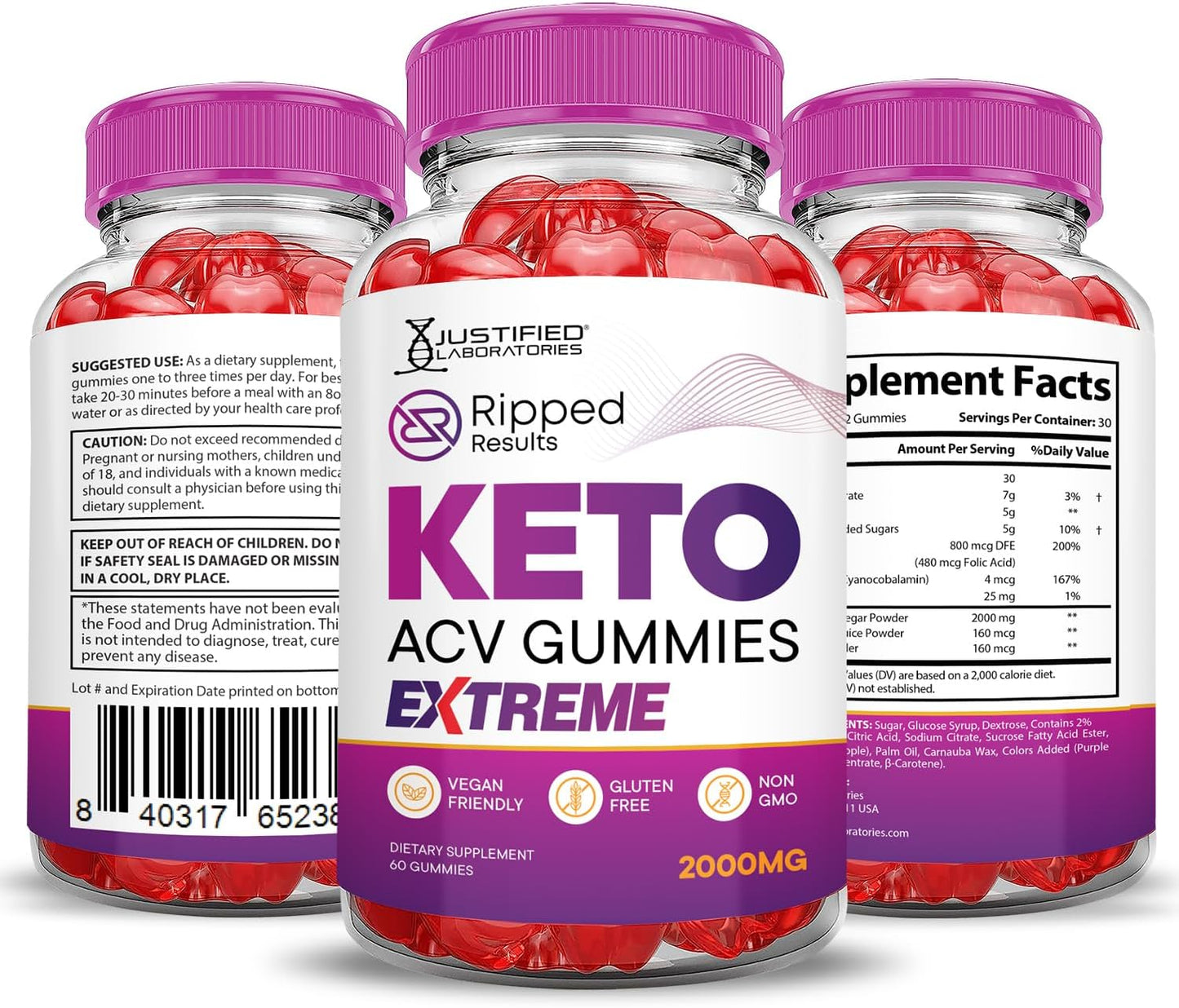 2 Pack Justified Laboratories Ripped Results Keto ACV Gummies - Extreme 2000MG Apple Cider Vinegar with Pomegranate Beet Juice Powder - B12 Vegan Non GMO - 120 Gummies