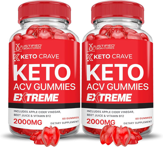 2 Pack Keto Crave ACV Gummies Extreme 2000MG - Advanced Formula with Apple Cider Vinegar, Pomegranate, Beet Juice, B12 - Vegan Non GMO 120 Gummies