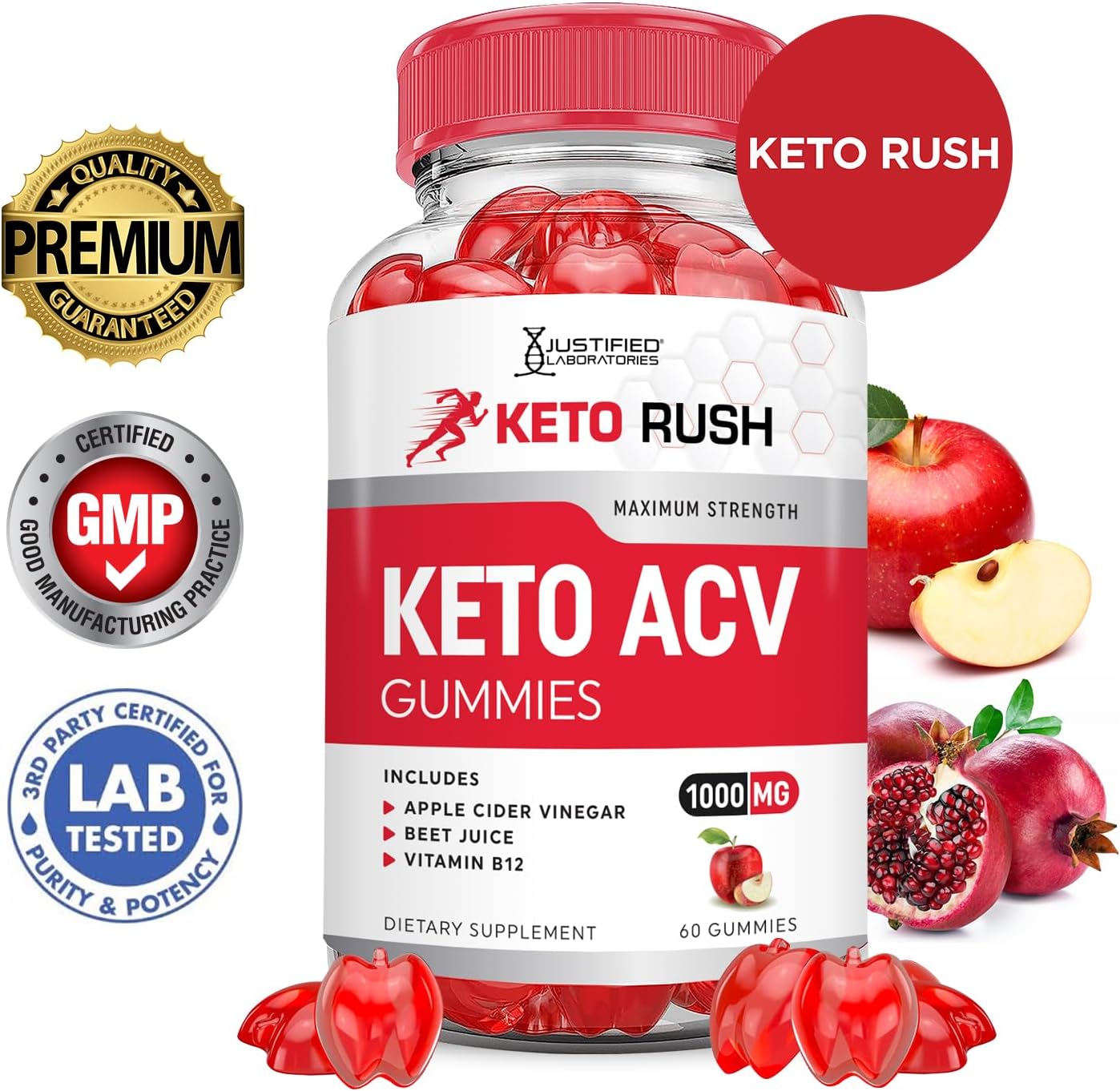 2 Pack Keto Rush Keto ACV Gummies - Advanced Formula with Pomegranate & Beet Juice - 1000MG - Vegan & Non GMO - 120 Gummies