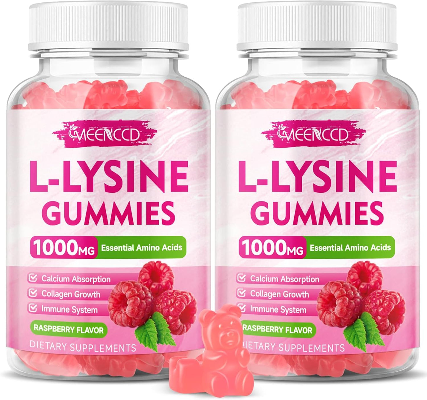 2 Pack L-Lysine 1000mg Gummies for Adults & Kids - Essential Amino Acid for Oral Health - Immune Boost - Collagen & Calcium Support - Sugar-Free Raspberry Flavor - 120 Count