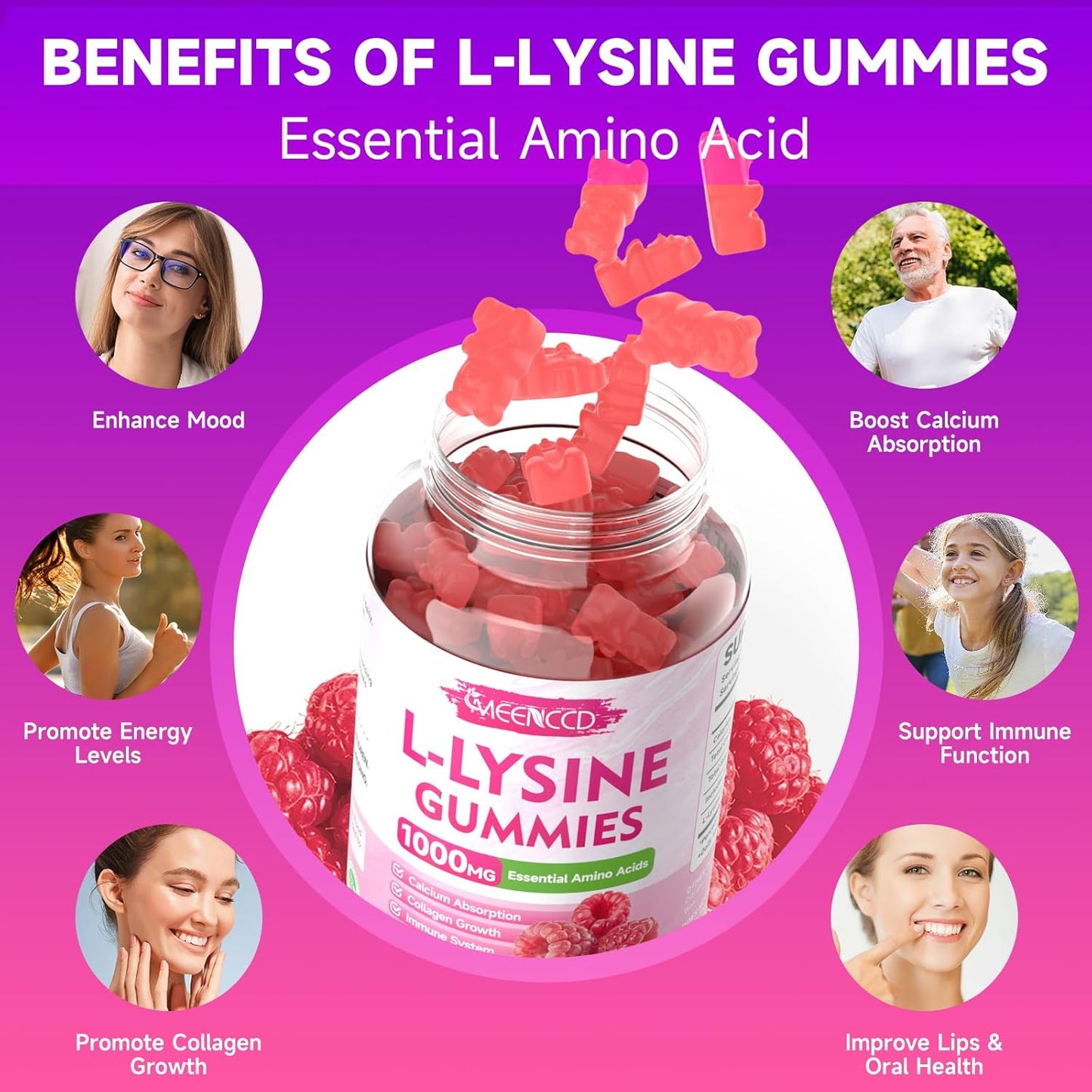 2 Pack L-Lysine 1000mg Gummies for Adults & Kids - Essential Amino Acid for Oral Health - Immune Boost - Collagen & Calcium Support - Sugar-Free Raspberry Flavor - 120 Count