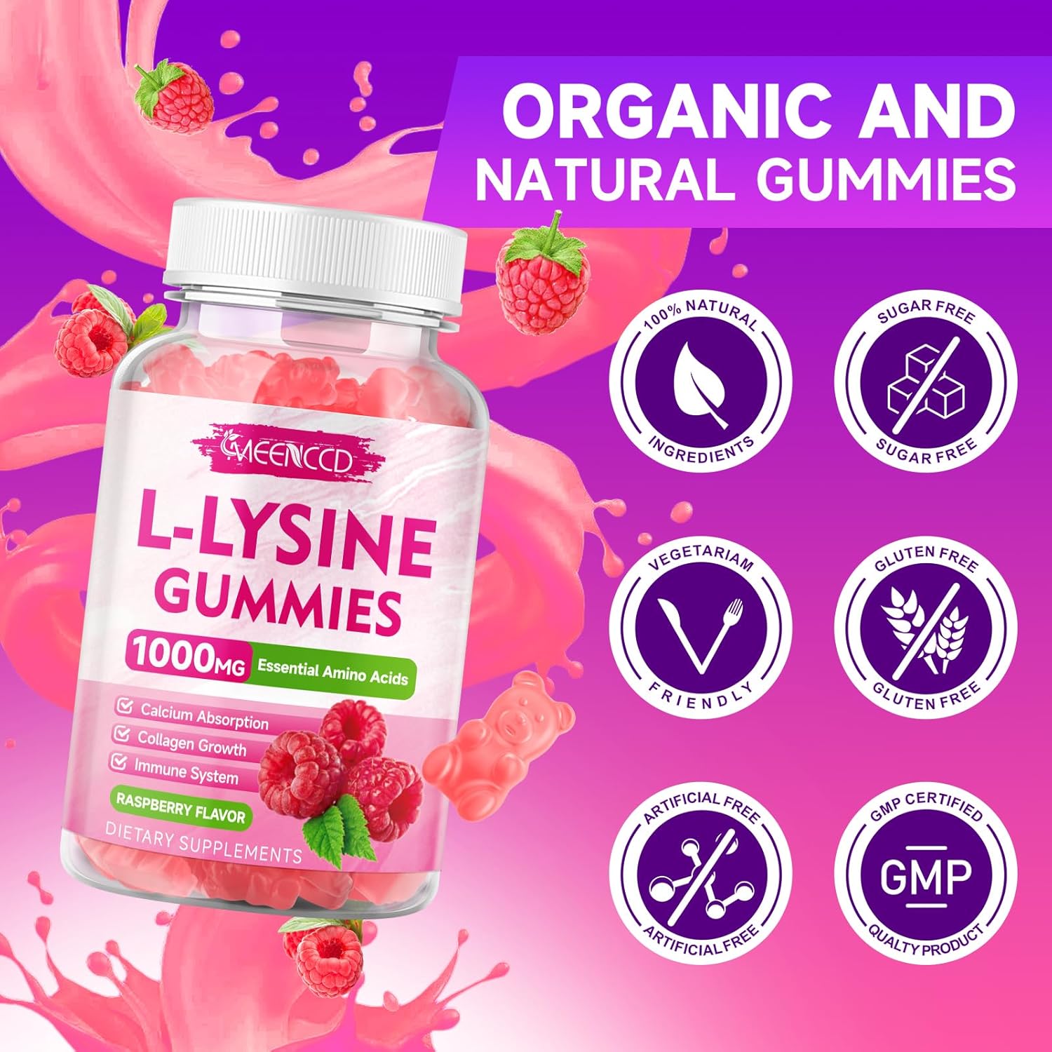 2 Pack L-Lysine 1000mg Gummies for Adults & Kids - Essential Amino Acid for Oral Health - Immune Boost - Collagen & Calcium Support - Sugar-Free Raspberry Flavor - 120 Count