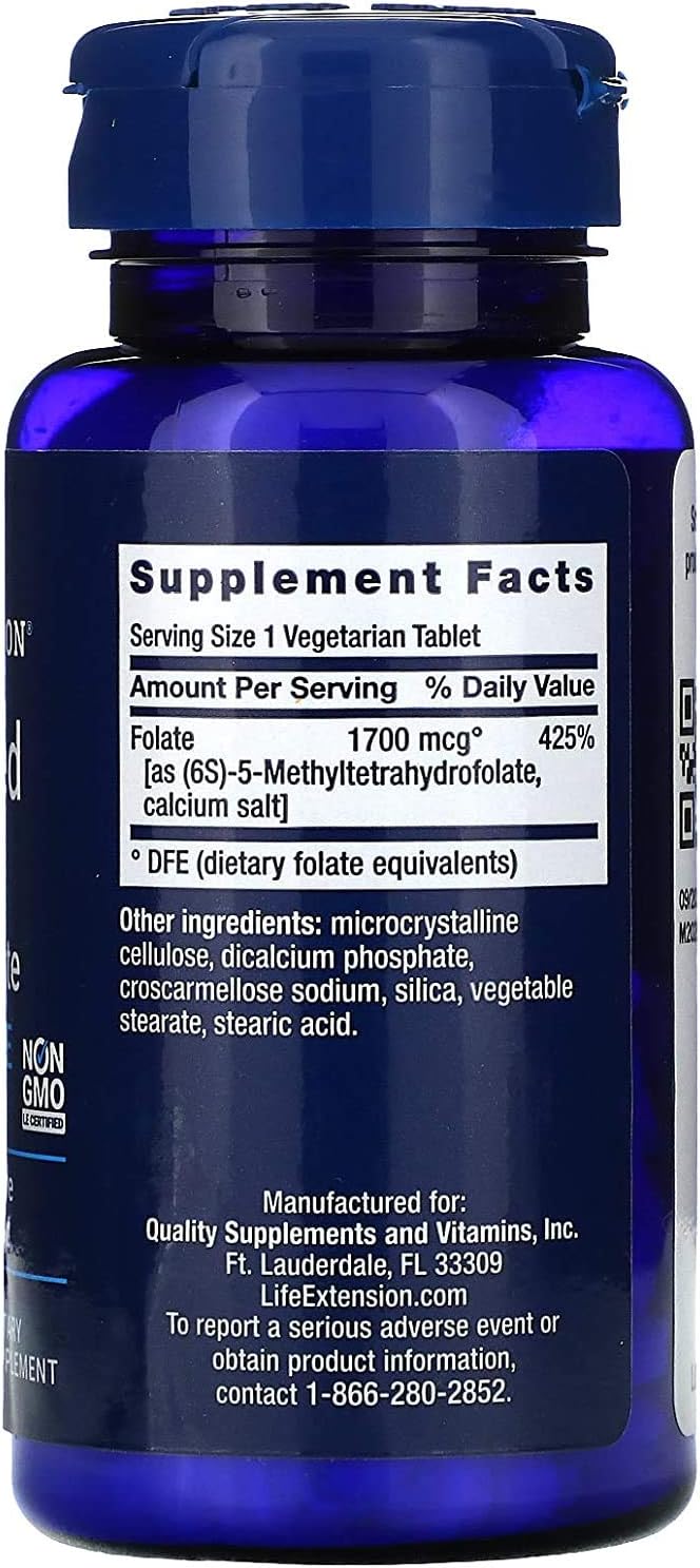 2 Pack Life Extension Optimized Folate L-Methylfolate 1000 mcg Vegetarian Tablets