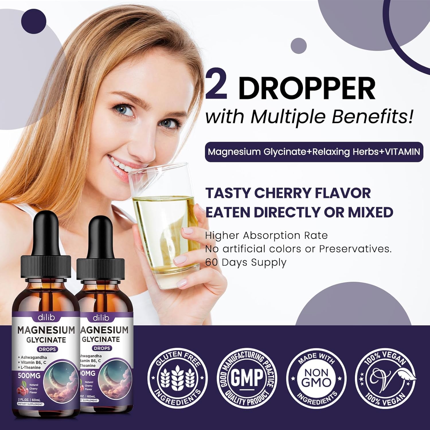 (2 Pack) Liquid Magnesium Glycinate Drops 500mg with Vitamin B6, Ashwagandha, L-Theanine, Chamomile - High Absorption Supplement for Sleep, Stress, Energy, Mood - Cherry Flavor