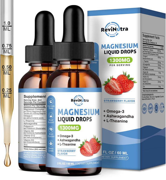 2-Pack Liquid Magnesium Glycinate Drops with Taurate & Citrate - Calm Magnesium Supplement with Omega-3, L-Theanine, Ashwagandha, Vitamin for Sleep, Muscle, Immune Health - Sugar-Free Strawberry Flavor
