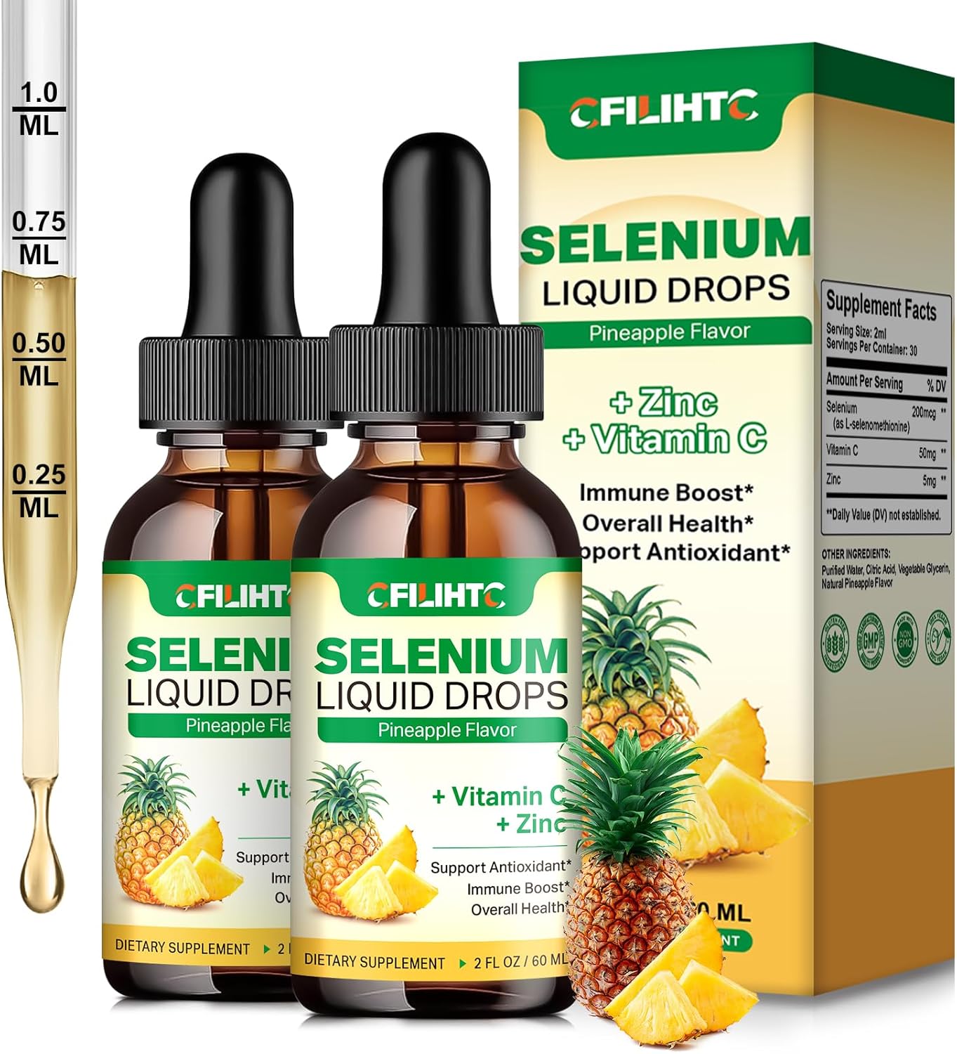 2 Pack Liquid Selenium Drops with Vitamin C, Zinc - Immune System & Heart Health Support - High Absorption Pineapple Supplement