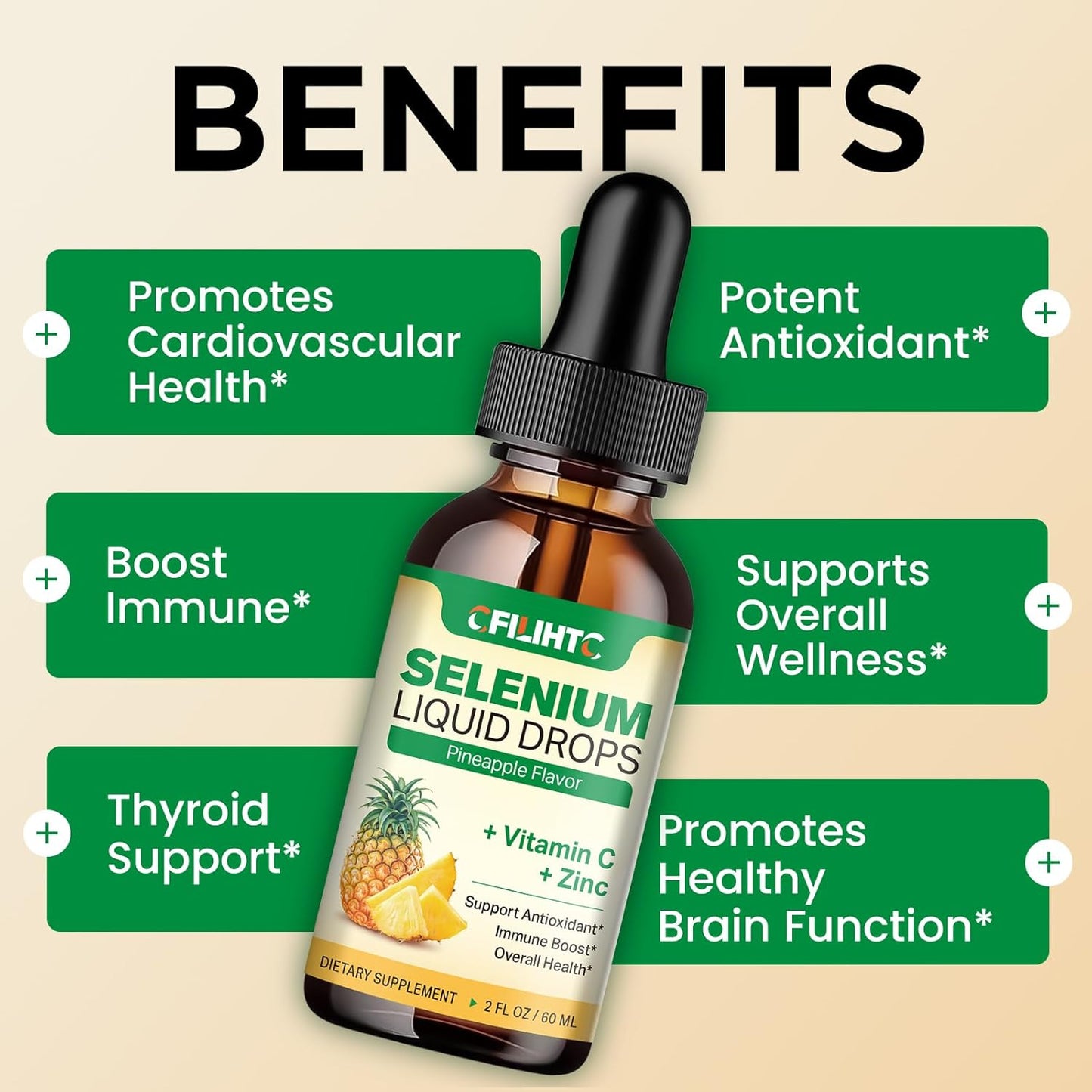 2 Pack Liquid Selenium Drops with Vitamin C, Zinc - Immune System & Heart Health Support - High Absorption Pineapple Supplement