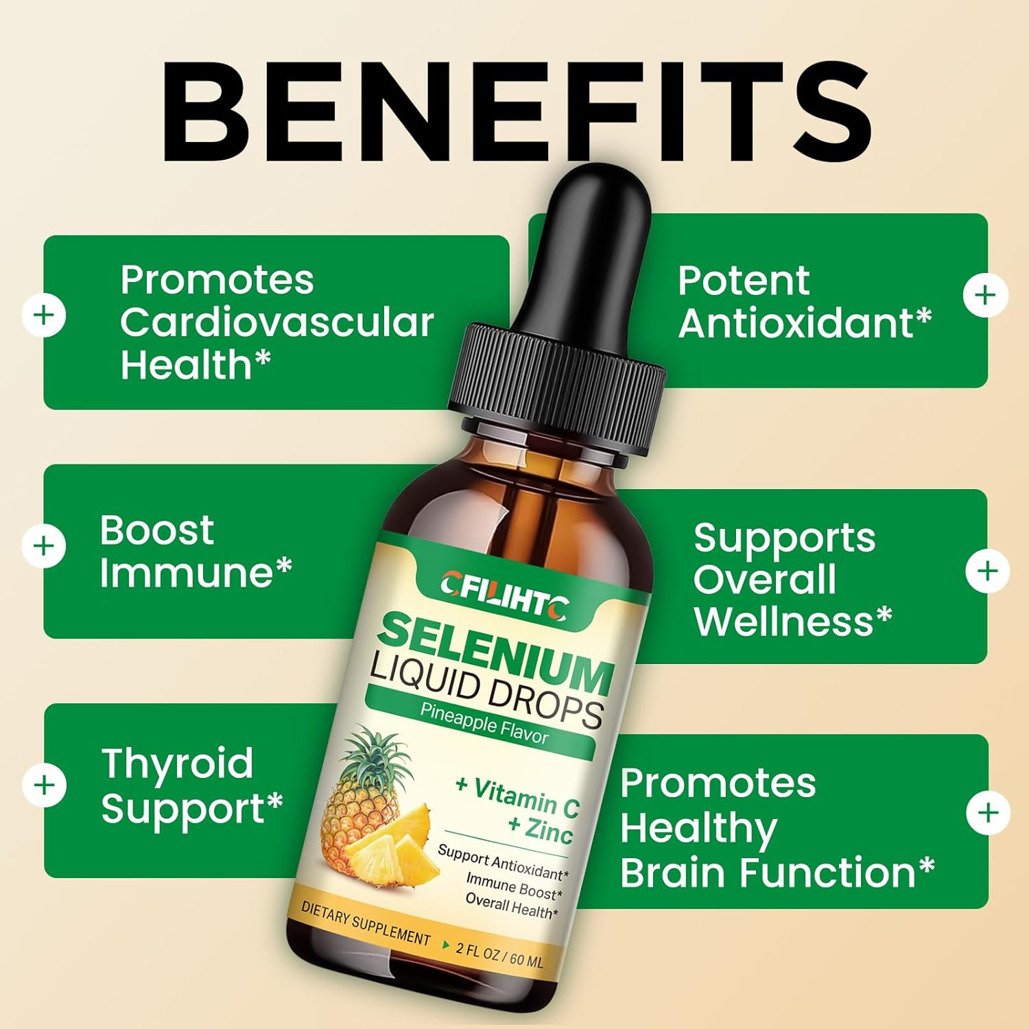 2 Pack Liquid Selenium Drops with Vitamin C, Zinc - Immune System & Heart Health Support - High Absorption Pineapple Supplement
