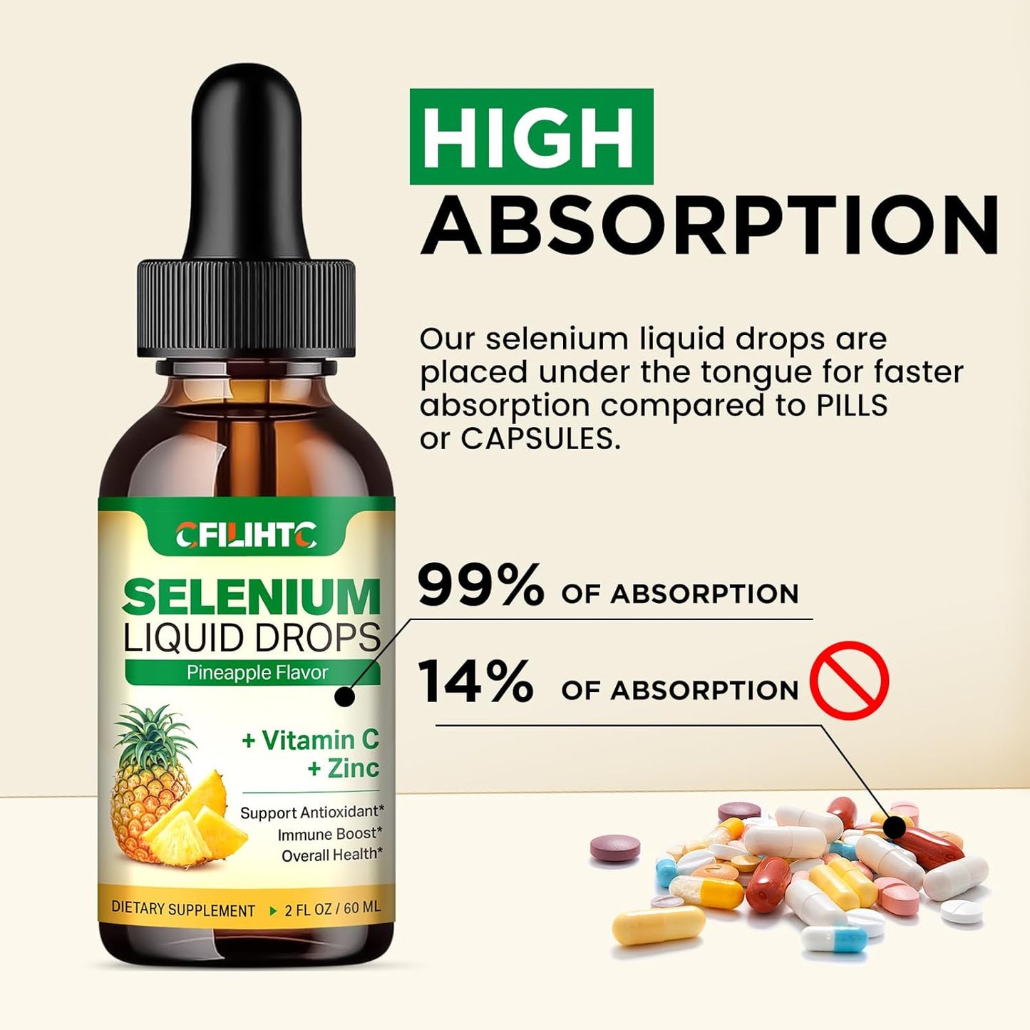 2 Pack Liquid Selenium Drops with Vitamin C, Zinc - Immune System & Heart Health Support - High Absorption Pineapple Supplement